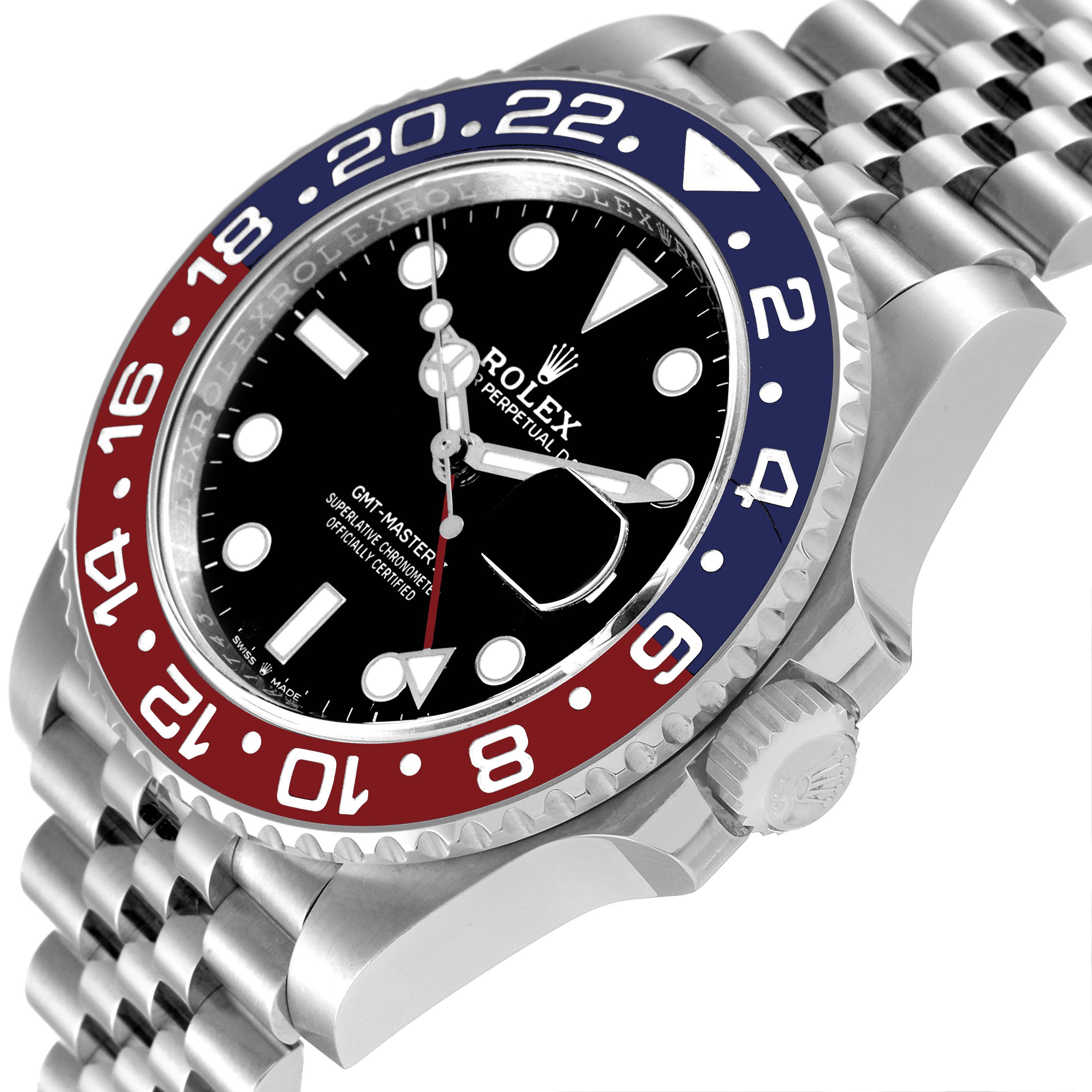 The Rolex GMT-Master 126710 Men's Stainless Steel Black Dial 126710 Men's Stainless Steel Black Dial is shown at an angled side view, highlighting its bezel, dial, crown, and a portion of the bracelet.