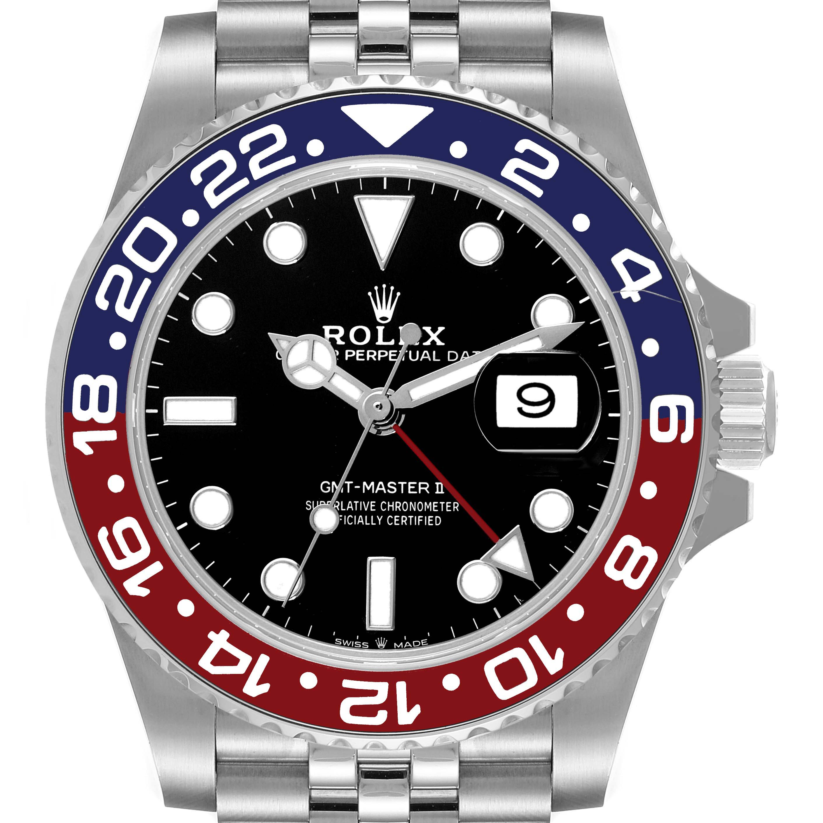 The image shows a front view of a Rolex GMT-Master 126710 Men's Stainless Steel Black Dial 126710 Men's Stainless Steel Black Dial II watch featuring a red and blue bezel.