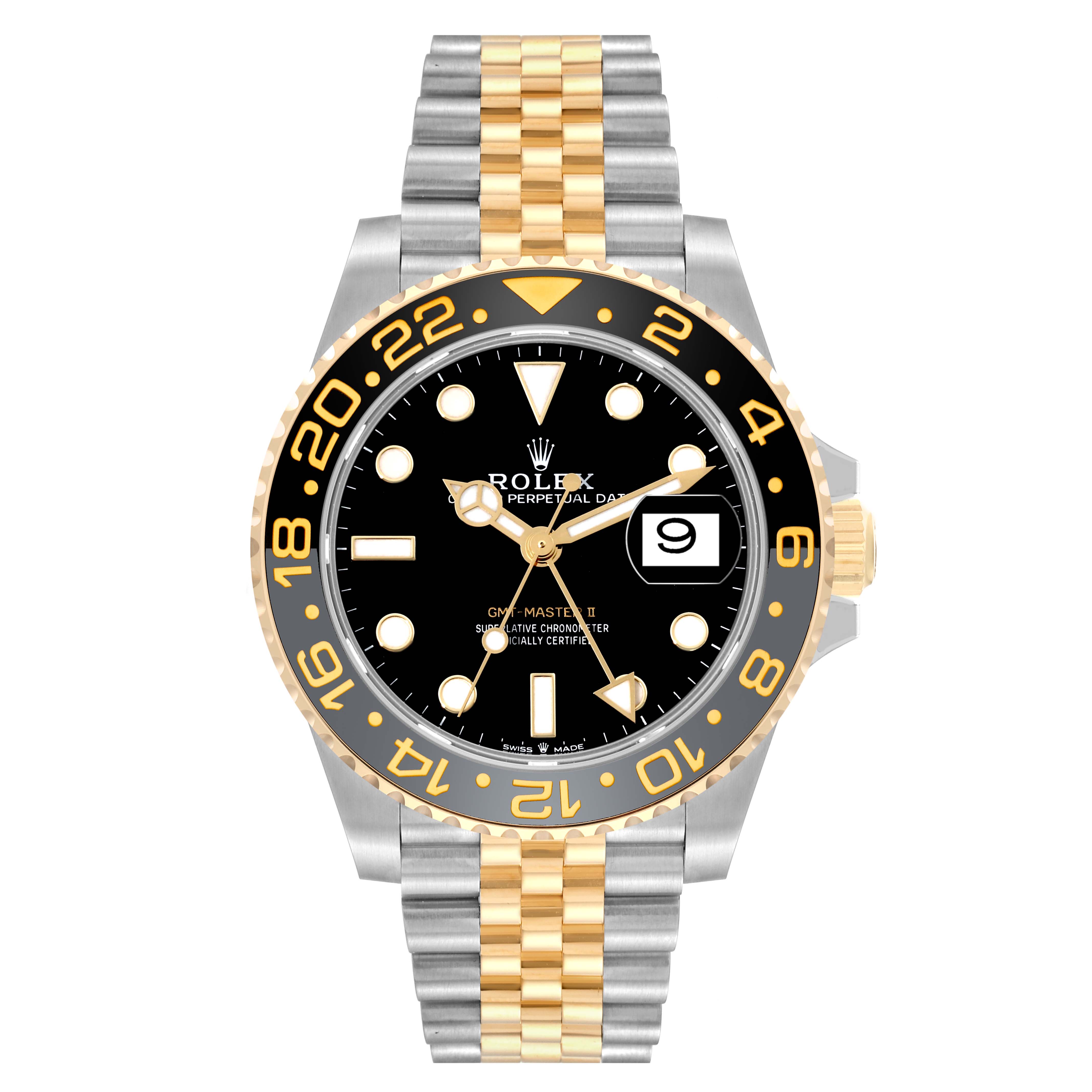 This image shows a frontal view of the Rolex GMT-Master 126713 Men's Steel and Gold (two tone) Black Dial 126713 Men's Steel and Gold (two tone) Black Dial II watch, featuring a black dial, two-tone bezel, and two-tone bracelet.