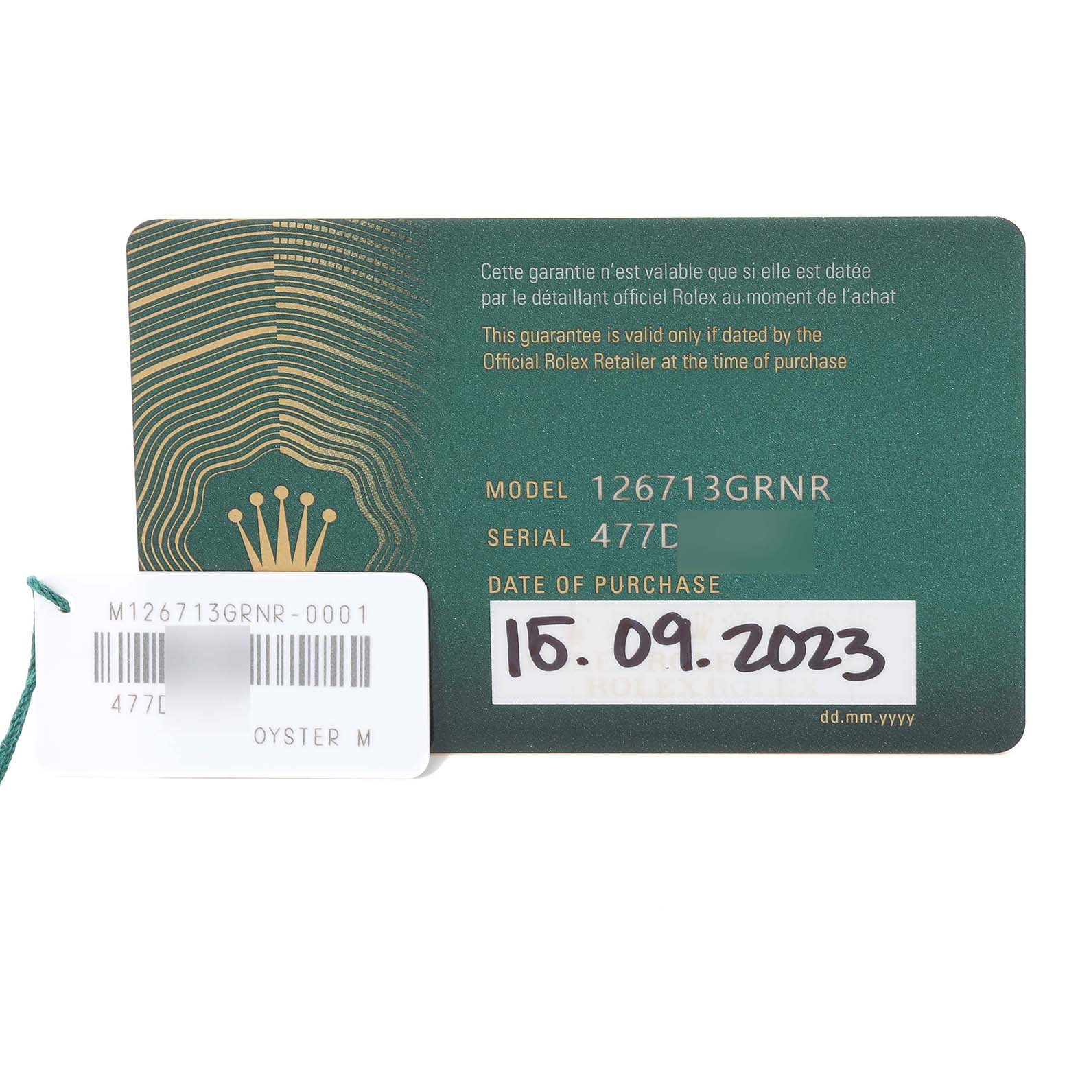 The image shows the model and serial cards for a Rolex GMT-Master 126713 Men's Steel and Gold (two tone) Black Dial 126713 Men's Steel and Gold (two tone) Black Dial, including the date of purchase and barcode details.