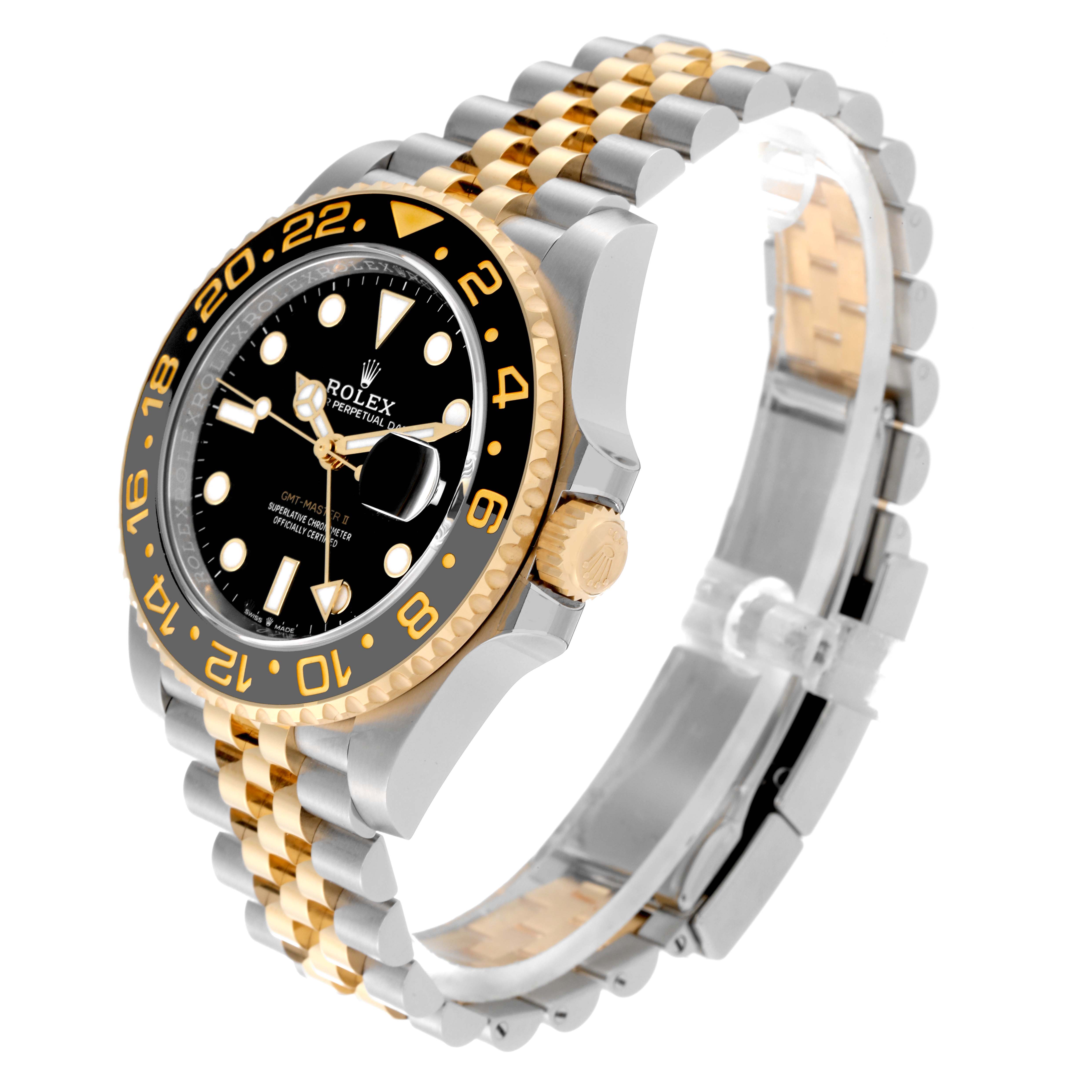 This image shows a side angle of the Rolex GMT-Master 126713 Men's Steel and Gold (two tone) Black Dial 126713 Men's Steel and Gold (two tone) Black Dial watch, highlighting its bezel, crown, dial, and two-tone bracelet.