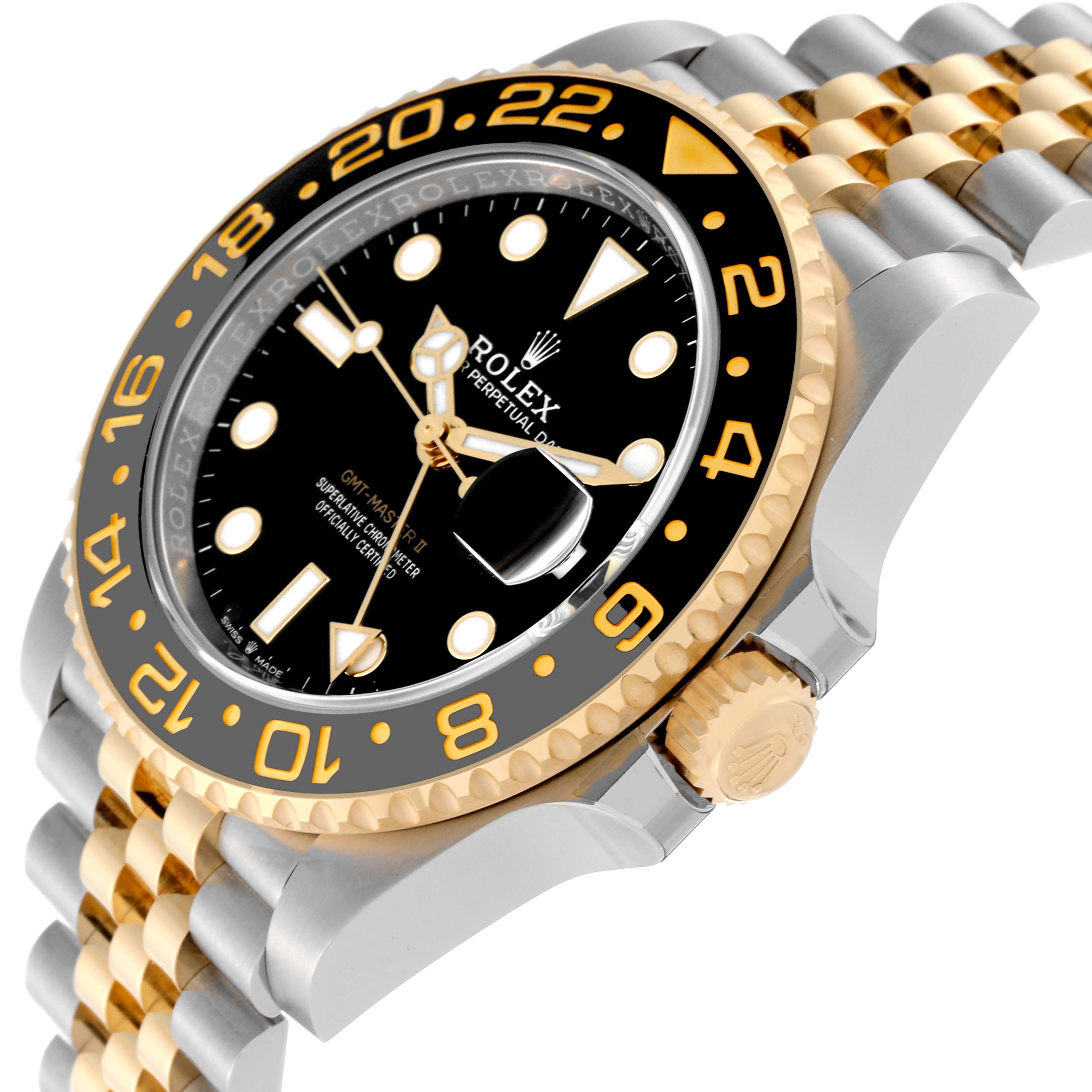The image shows a close-up side angle of the Rolex GMT-Master 126713 Men's Steel and Gold (two tone) Black Dial 126713 Men's Steel and Gold (two tone) Black Dial watch, highlighting its bezel, dial, crown, and part of the bracelet.