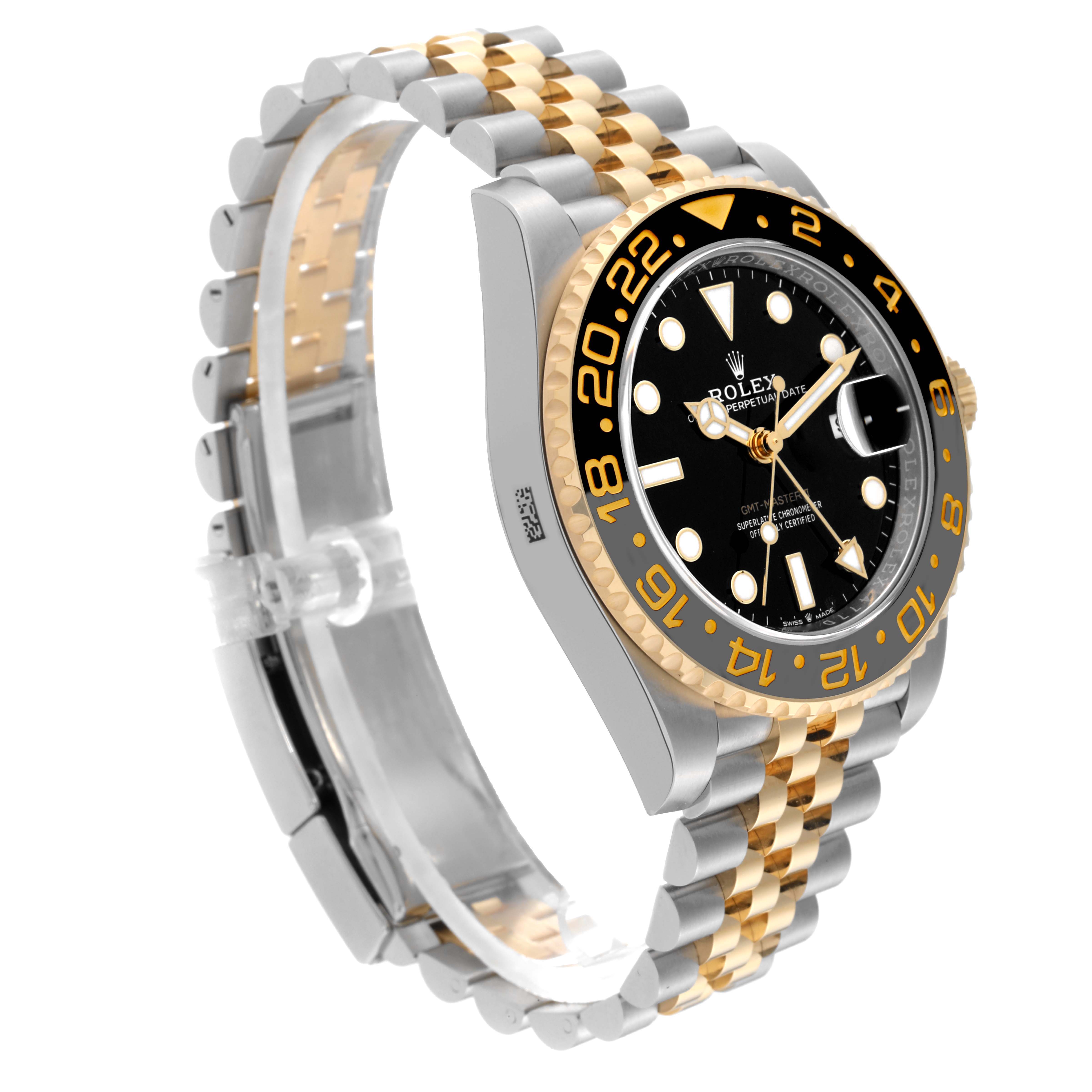 This image shows a Rolex GMT-Master 126713 Men's Steel and Gold (two tone) Black Dial 126713 Men's Steel and Gold (two tone) Black Dial watch at a three-quarter angle, highlighting its black dial, bi-color bezel, and jubilee bracelet.