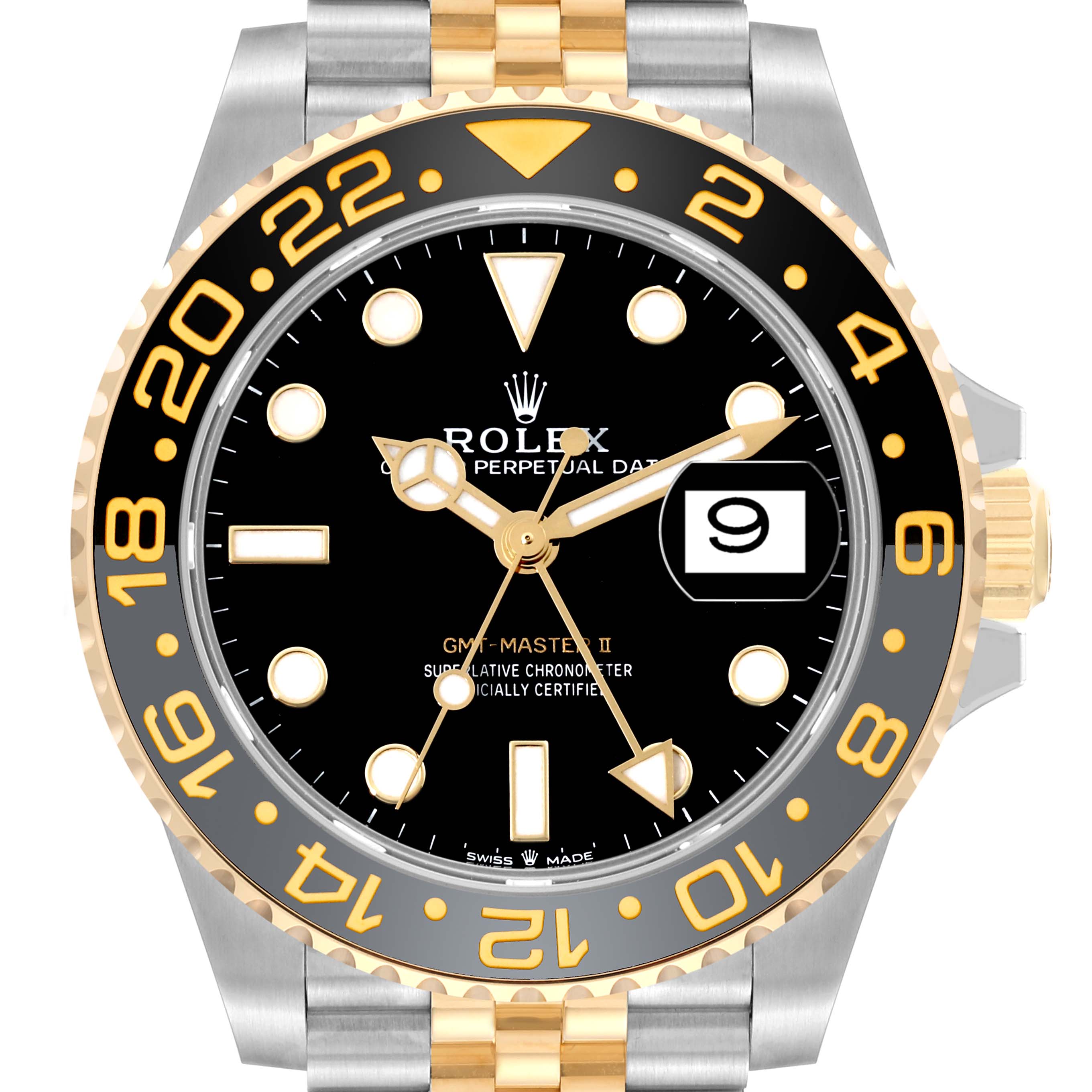 This image shows a Rolex GMT-Master 126713 Men's Steel and Gold (two tone) Black Dial 126713 Men's Steel and Gold (two tone) Black Dial II watch from a front angle, highlighting the bezel, dial, and bracelet.