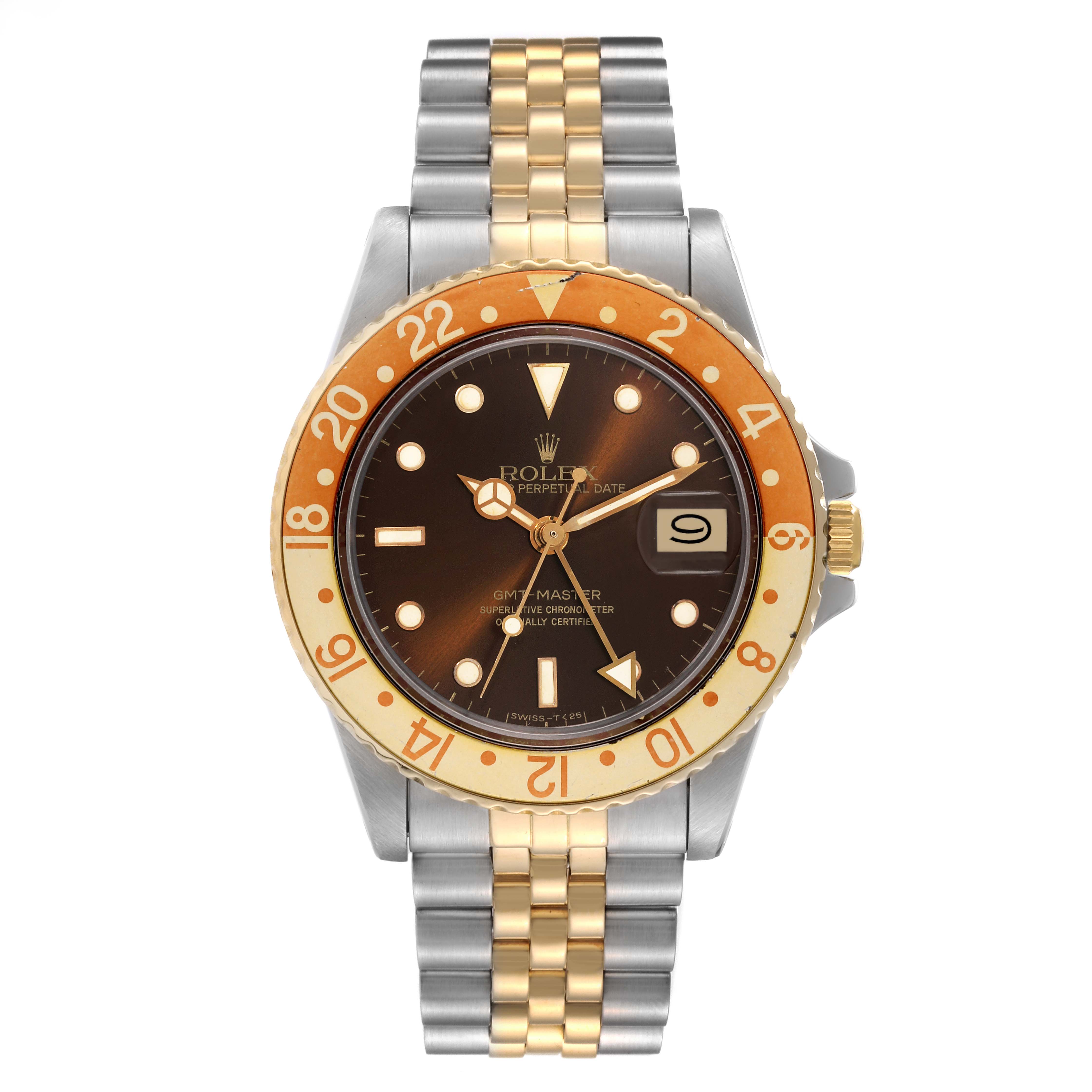 The Rolex Vintage Collection 16753 Men's Steel and Gold (two tone) Brown Dial 16753 Men's Steel and Gold (two tone) Brown Dial GMT Master watch is shown from a front angle, displaying its face, bezel, and bracelet.