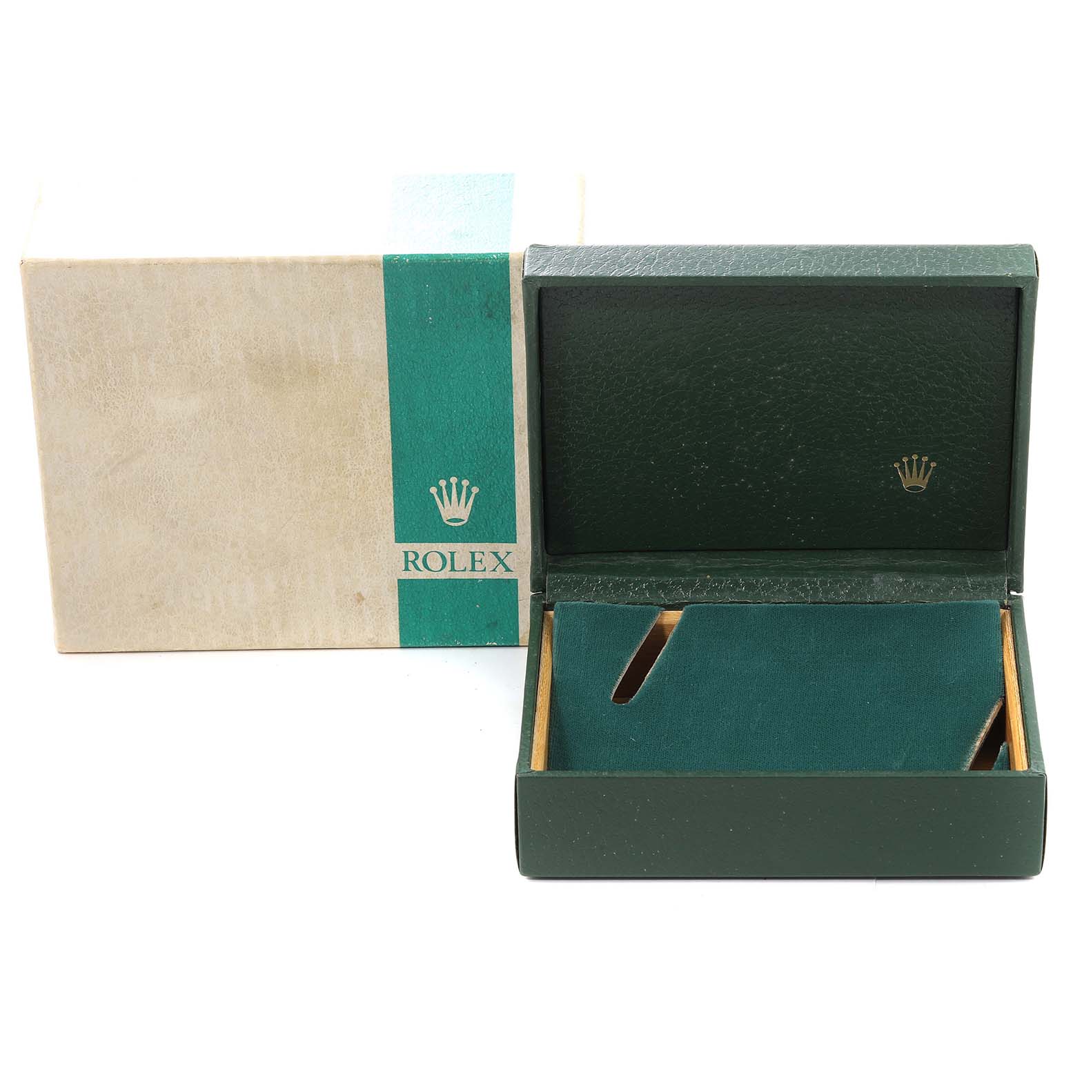 The image shows the open case and outer box for the Rolex Vintage Collection 16753 Men's Steel and Gold (two tone) Brown Dial 16753 Men's Steel and Gold (two tone) Brown Dial watch, angled to display their interiors.