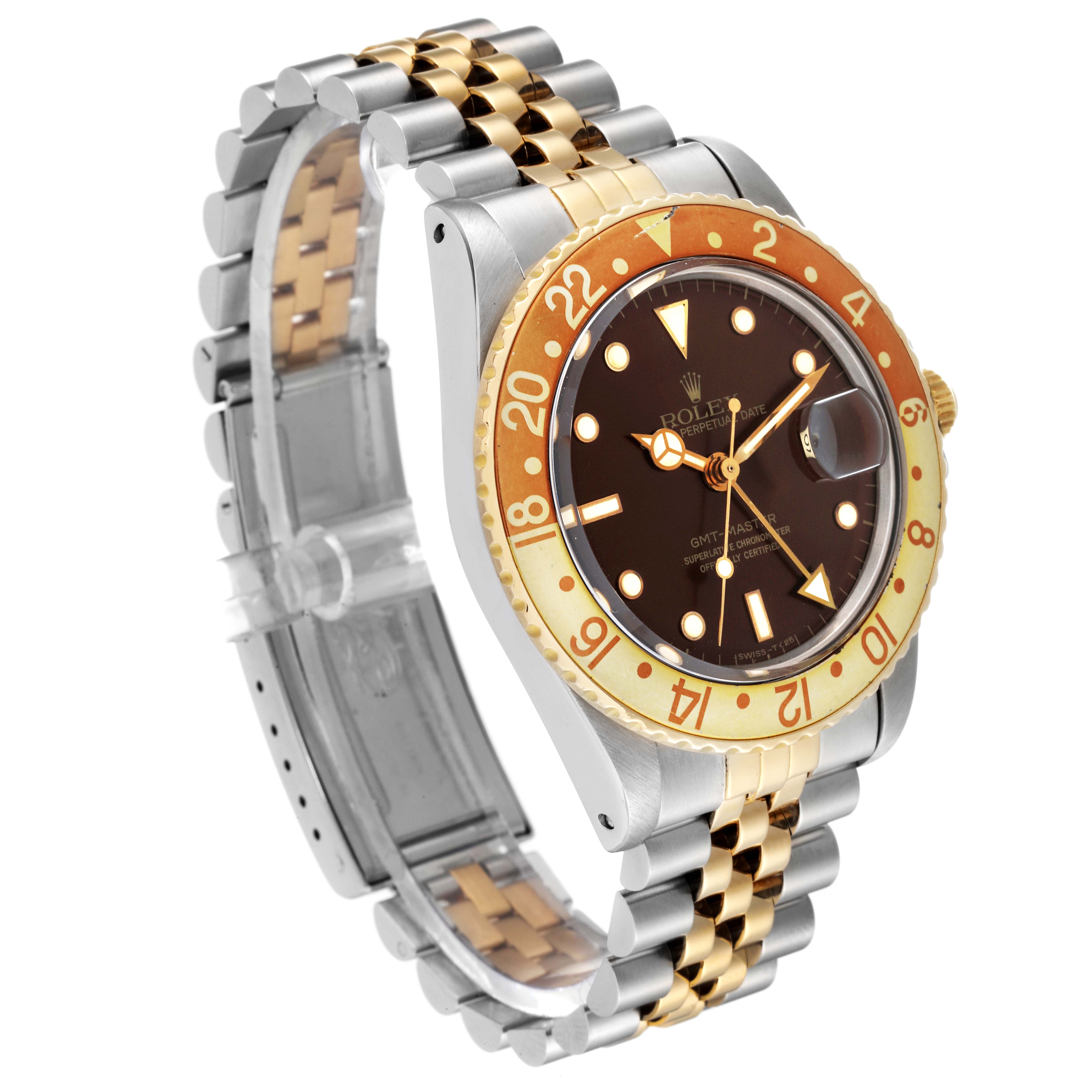 The Rolex Vintage Collection 16753 Men's Steel and Gold (two tone) Brown Dial 16753 Men's Steel and Gold (two tone) Brown Dial watch is shown at an angle highlighting its brown dial, gold bezel, and two-tone bracelet.