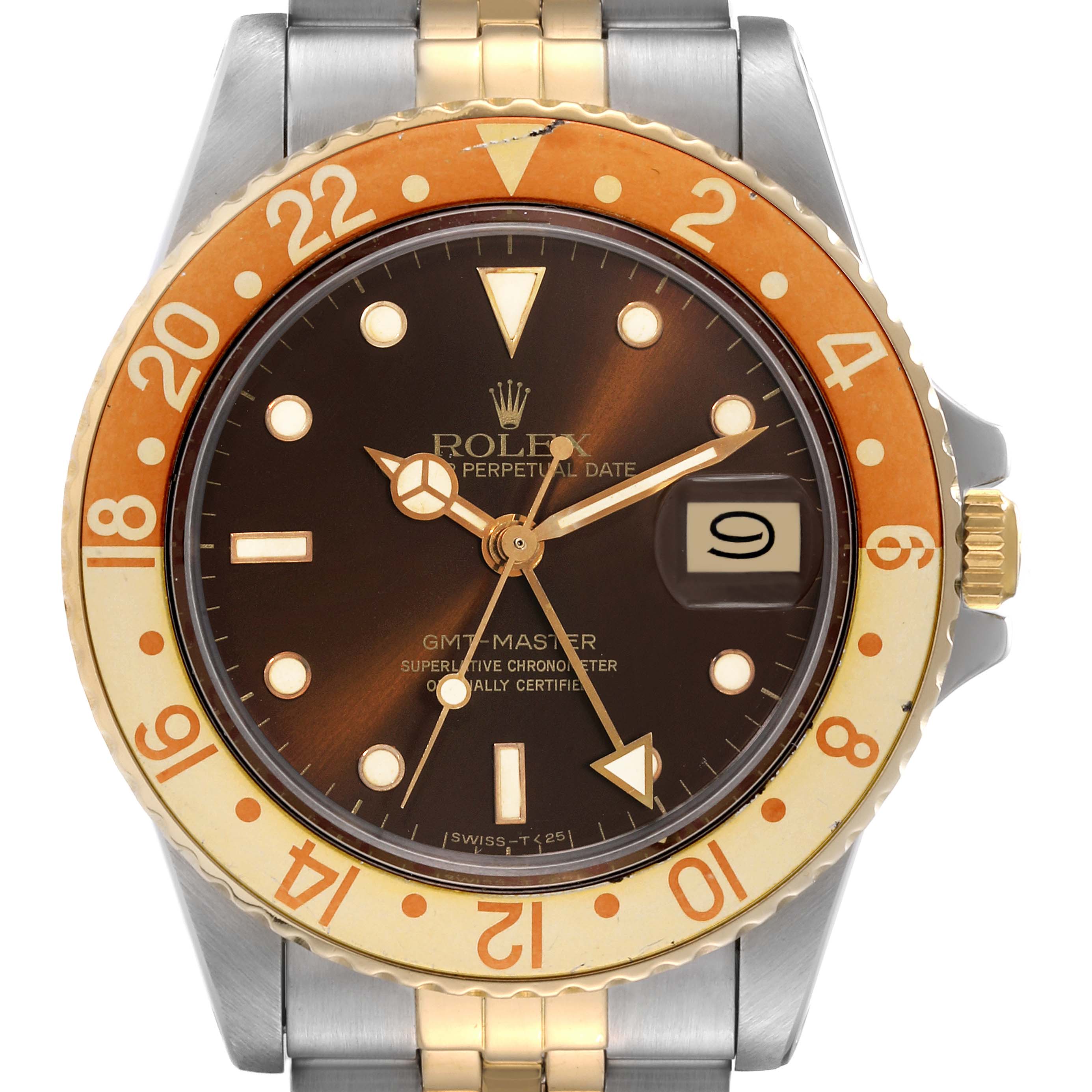 This image shows a front view of a Rolex Vintage Collection 16753 Men's Steel and Gold (two tone) Brown Dial 16753 Men's Steel and Gold (two tone) Brown Dial GMT-Master watch with a brown dial and gold accents.