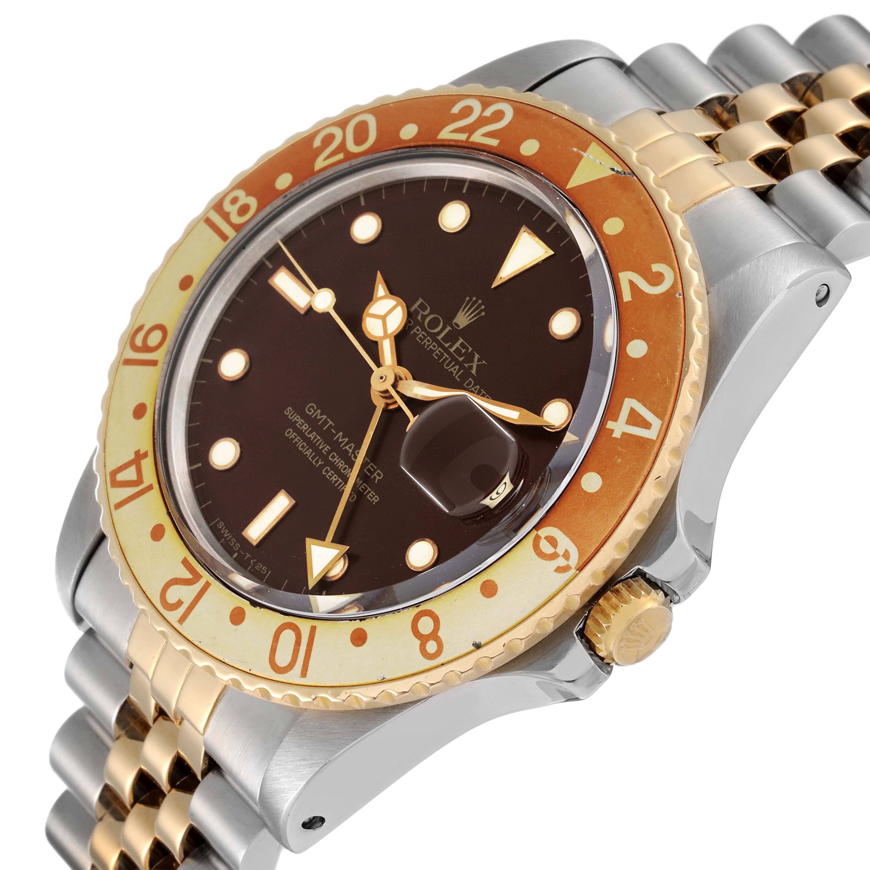 The image shows a Rolex Vintage Collection 16753 Men's Steel and Gold (two tone) Brown Dial 16753 Men's Steel and Gold (two tone) Brown Dial GMT-Master watch at a slight angle, highlighting the face, bezel, and part of the bracelet.