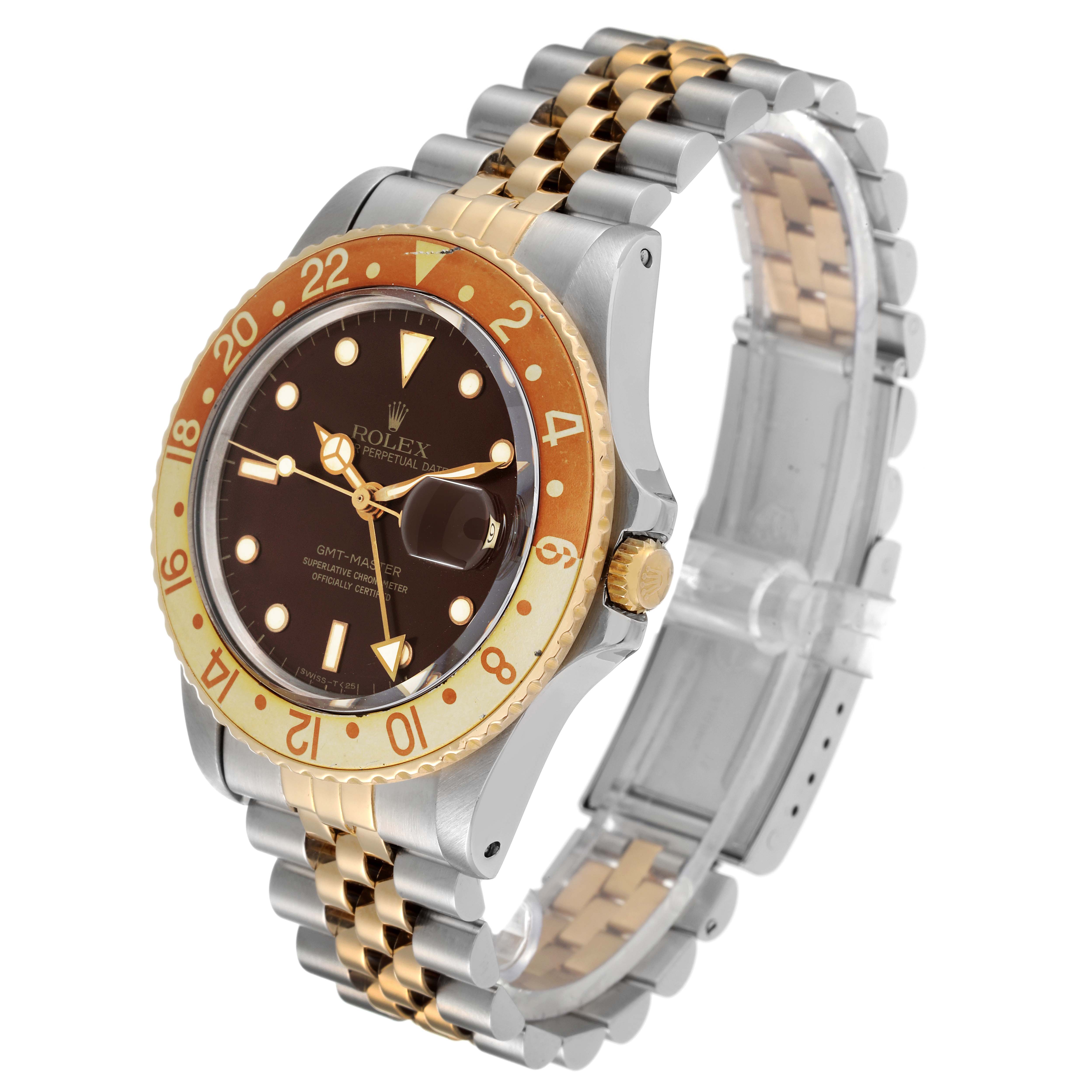 The Rolex Vintage Collection 16753 Men's Steel and Gold (two tone) Brown Dial 16753 Men's Steel and Gold (two tone) Brown Dial watch is shown at an angled side view highlighting its face, bezel, crown, and two-tone bracelet.