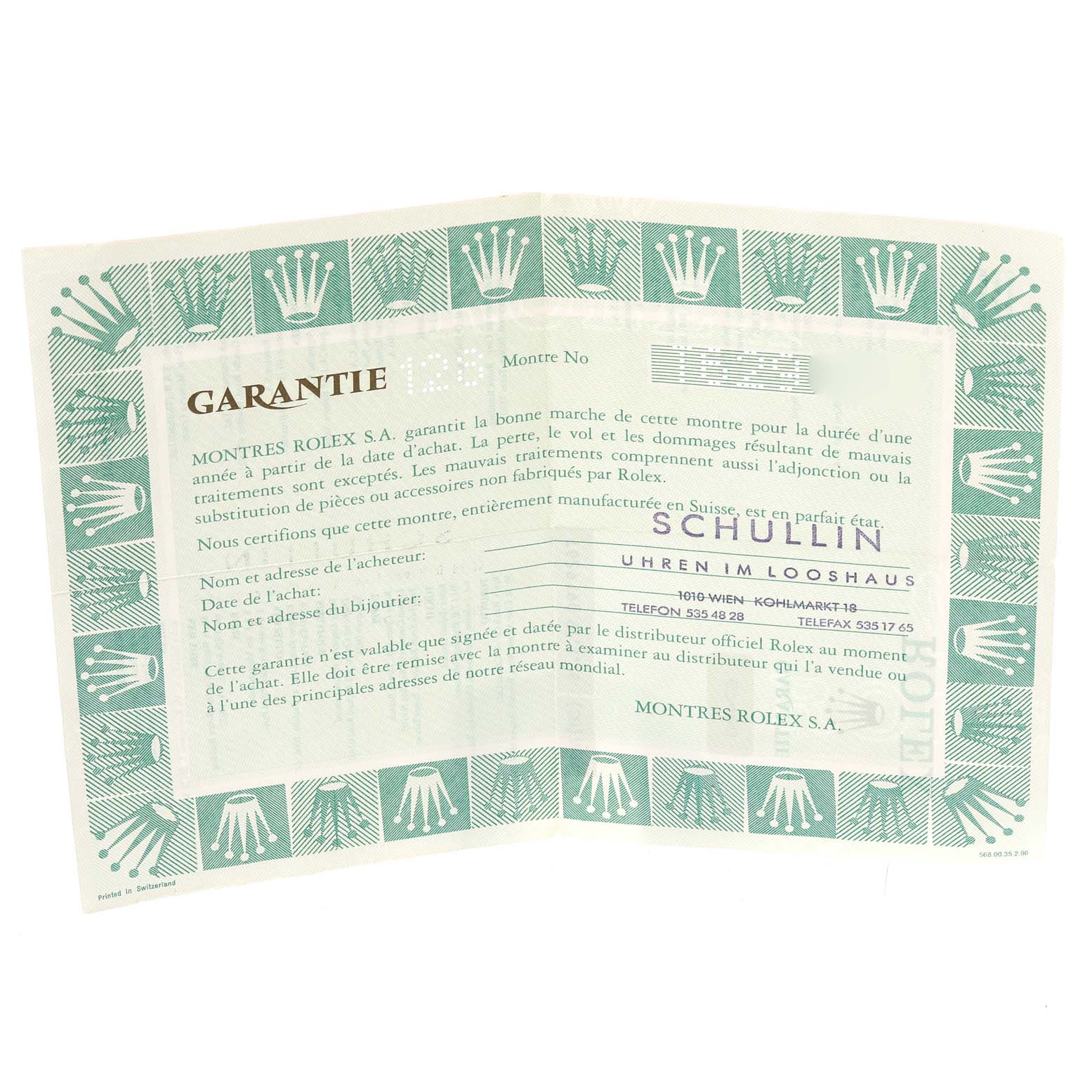 Shown is a warranty certificate for the Mid-Size Rolex model, featuring "GARANTIE" text and Rolex branding with the crown logo.