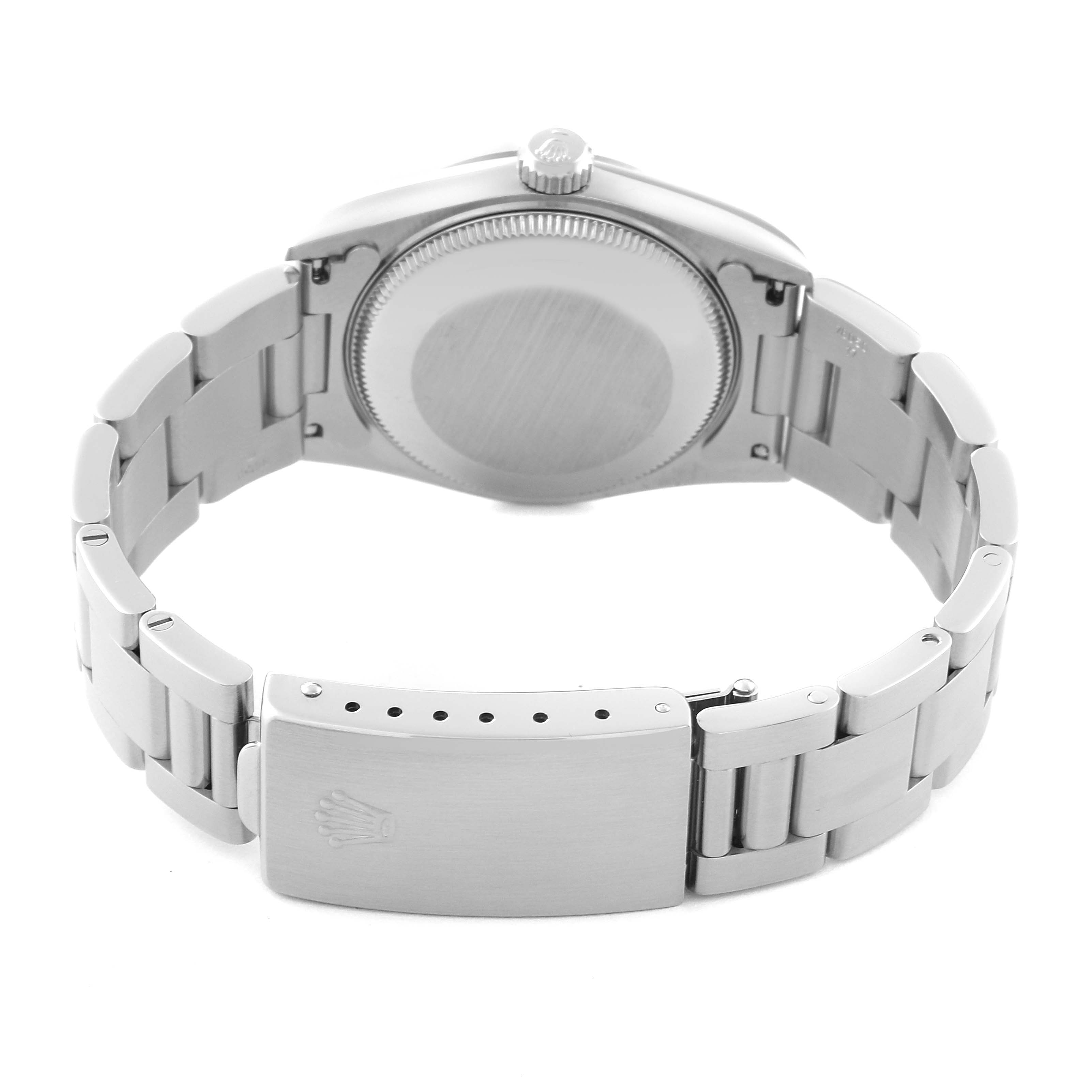 The image shows the back case and bracelet of a Rolex Mid-Size 67480 Women
s Stainless Steel Blue Dial 67480 Women
s Stainless Steel Blue Dial watch, focusing on the clasp and crown.