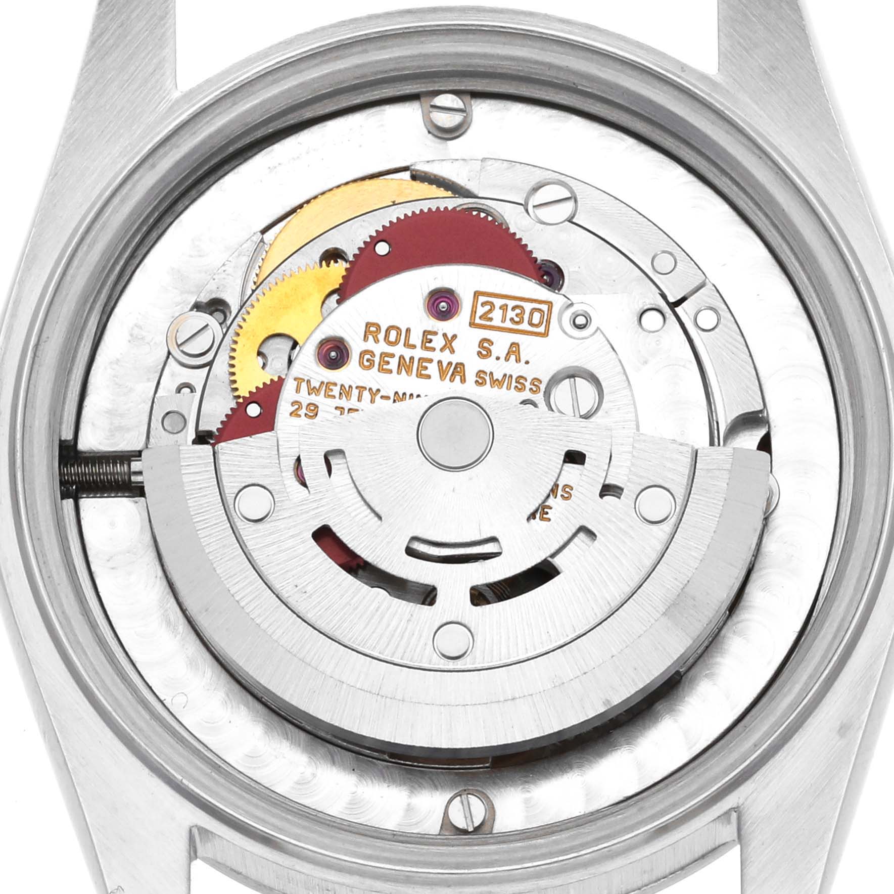 This image shows the internal mechanism of a Rolex Mid-Size 67480 Women
s Stainless Steel Blue Dial 67480 Women
s Stainless Steel Blue Dial model watch from a top-down angle.