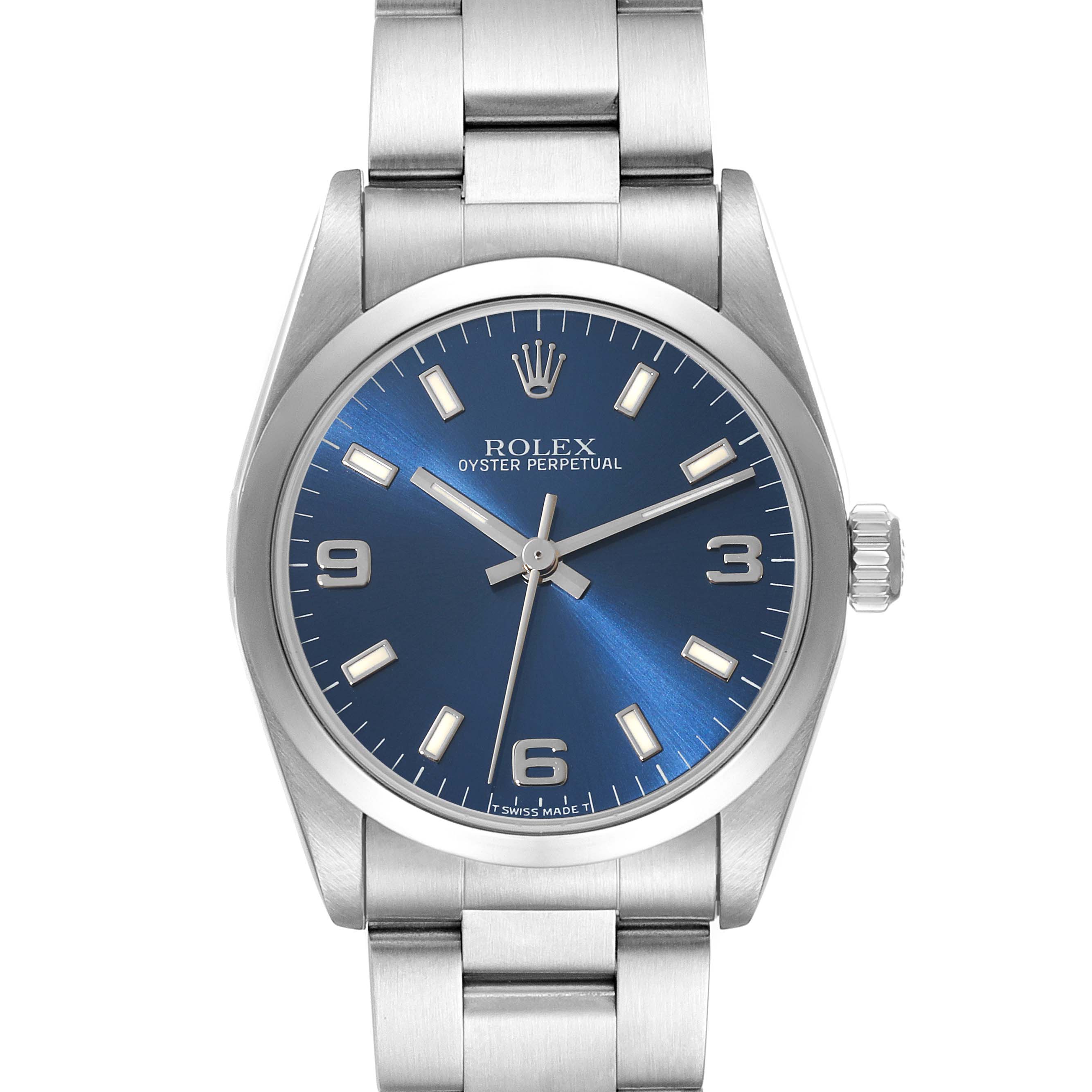 This image shows a front view of the Rolex Oyster Perpetual Mid-Size watch with a blue dial and silver bracelet.