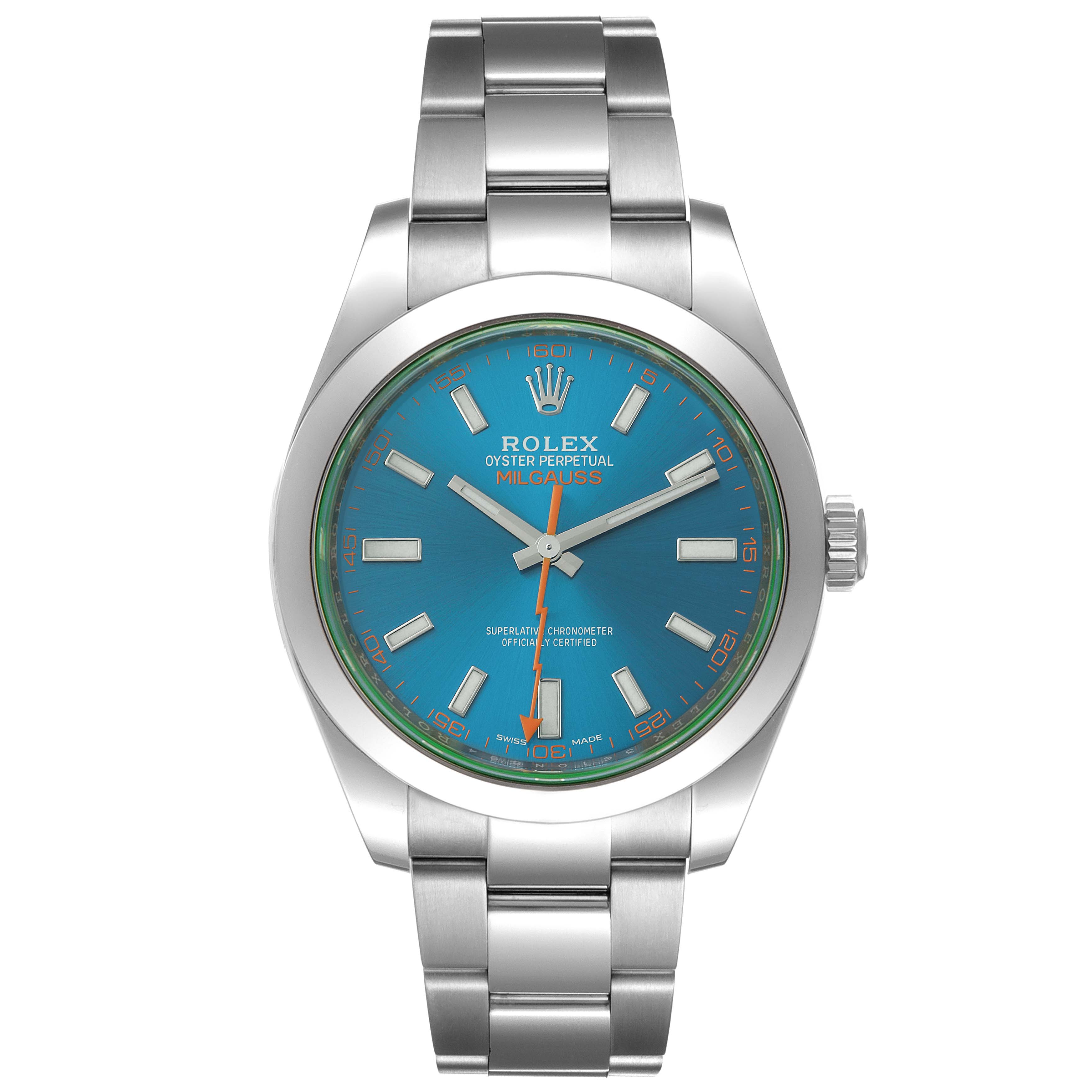 This image shows a front view of the Rolex Milgauss 116400GV Men
s Stainless Steel Blue Dial 116400GV Men
s Stainless Steel Blue Dial watch, displaying its dial, bracelet, and case.