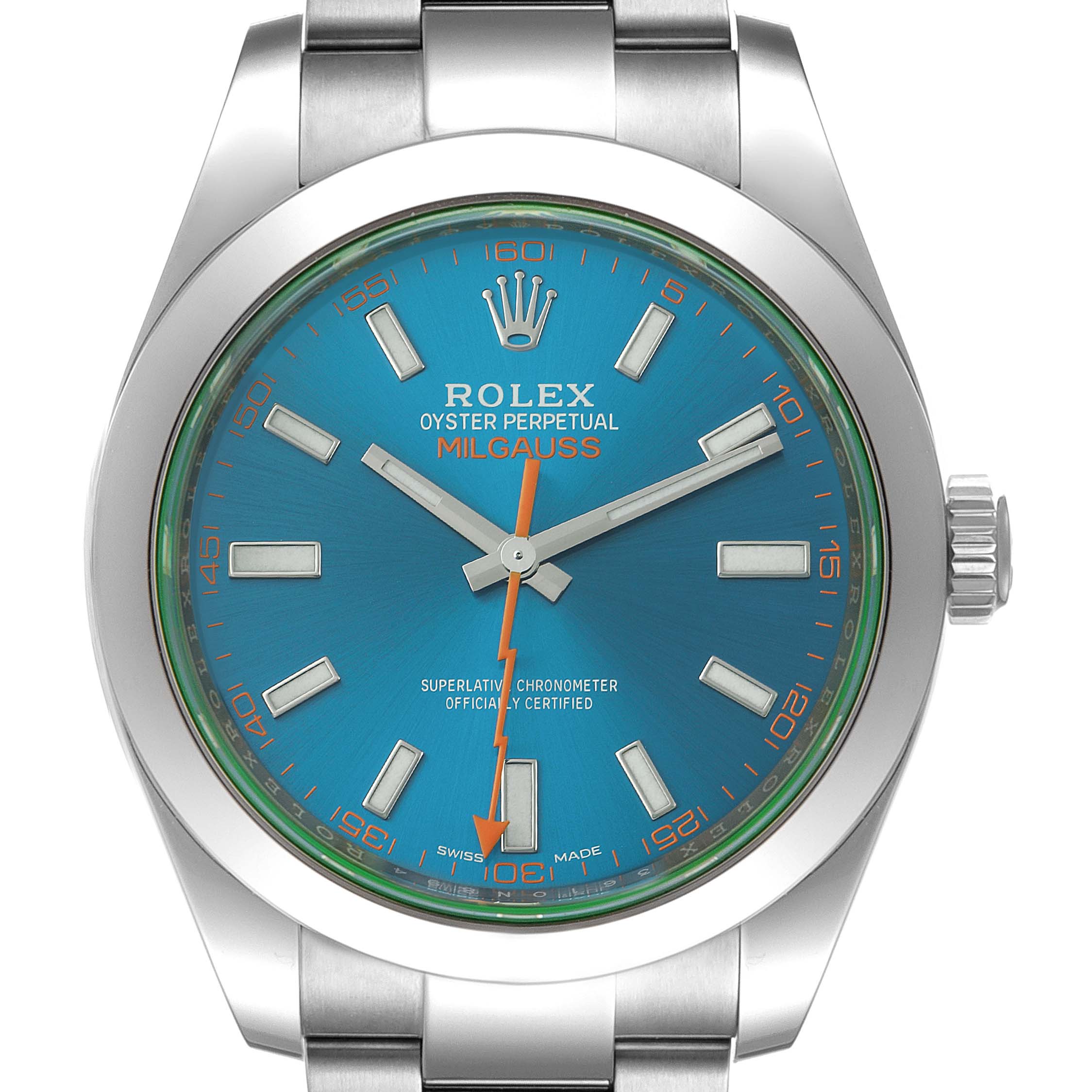 This image shows a front view of the Rolex Milgauss 116400GV Men
s Stainless Steel Blue Dial 116400GV Men
s Stainless Steel Blue Dial watch, detailing its dial, hands, and bezel.