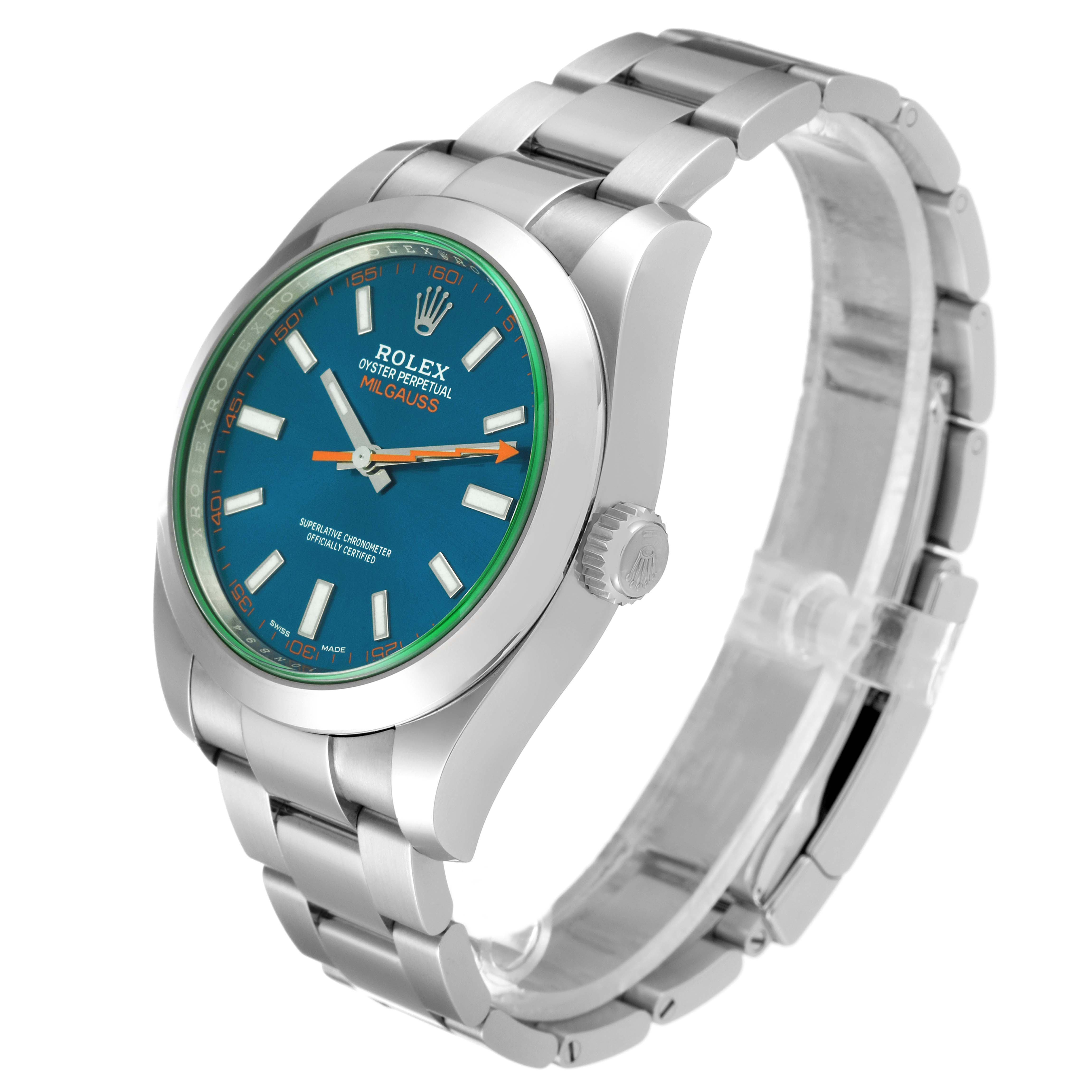 The image shows a Rolex Milgauss 116400GV Men
s Stainless Steel Blue Dial 116400GV Men
s Stainless Steel Blue Dial watch at a three-quarter angle, highlighting the dial, bezel, case, bracelet, and crown.