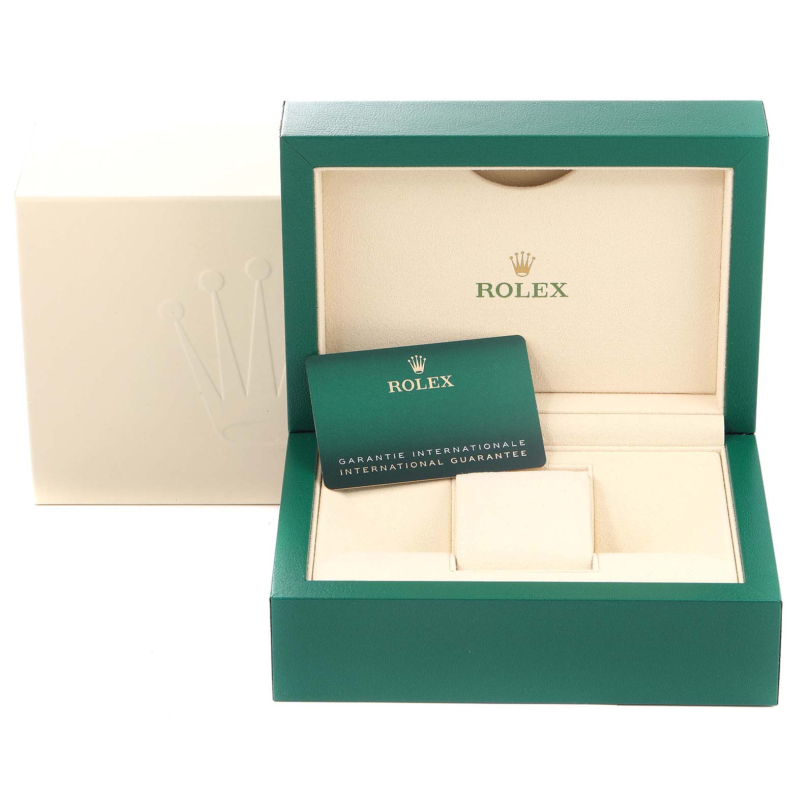 The image shows the inner and outer boxes with an international guarantee card for the Rolex Milgauss 116400GV Men
s Stainless Steel Blue Dial 116400GV Men
s Stainless Steel Blue Dial watch.