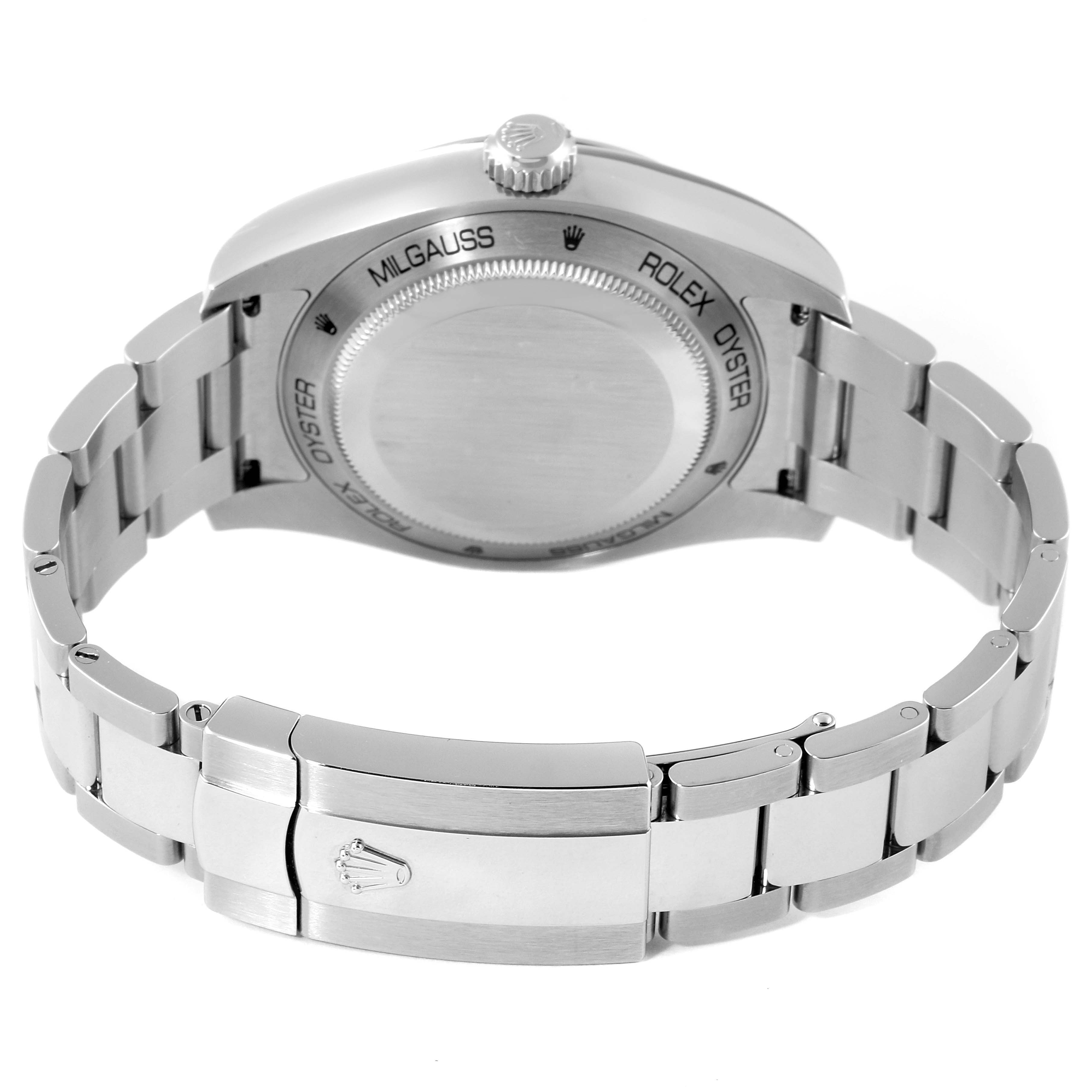 This image shows the back of a Rolex Milgauss 116400GV Men
s Stainless Steel Blue Dial 116400GV Men
s Stainless Steel Blue Dial watch, focusing on the case back and bracelet with the clasp visible.