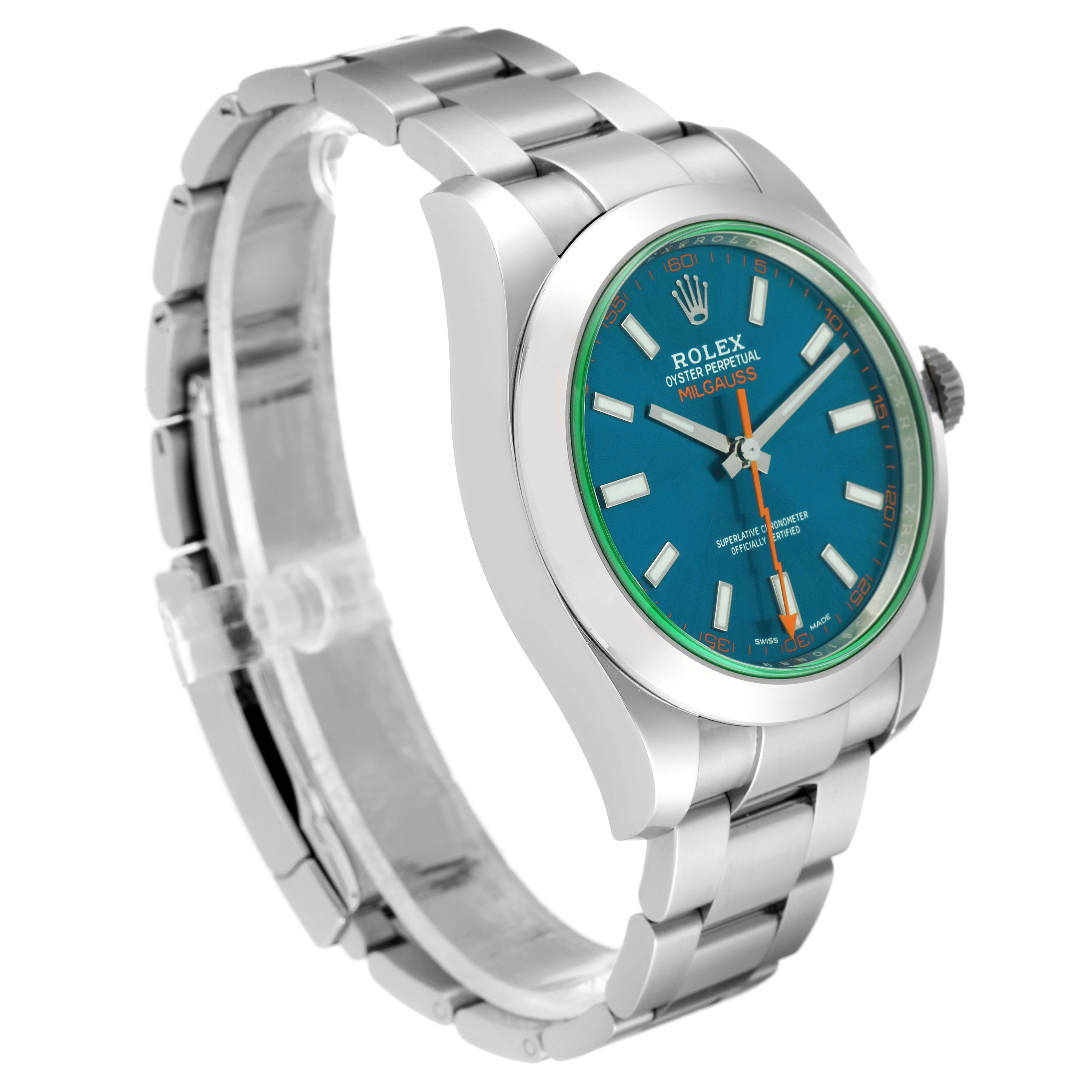 The Rolex Milgauss 116400GV Men
s Stainless Steel Blue Dial 116400GV Men
s Stainless Steel Blue Dial watch is shown at an angle displaying the dial, bracelet, and side profile of the case.