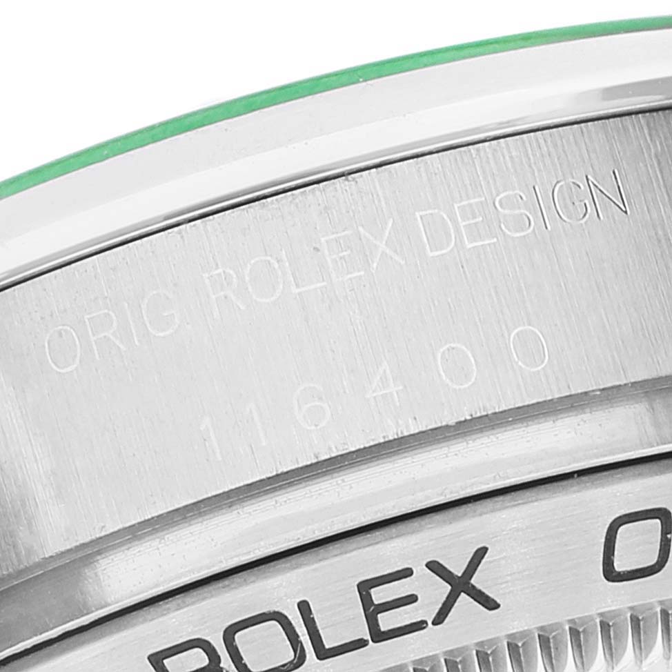 This close-up image shows the etched model number and branding on the case back of a Rolex Milgauss 116400GV Men
s Stainless Steel Blue Dial 116400GV Men
s Stainless Steel Blue Dial watch.