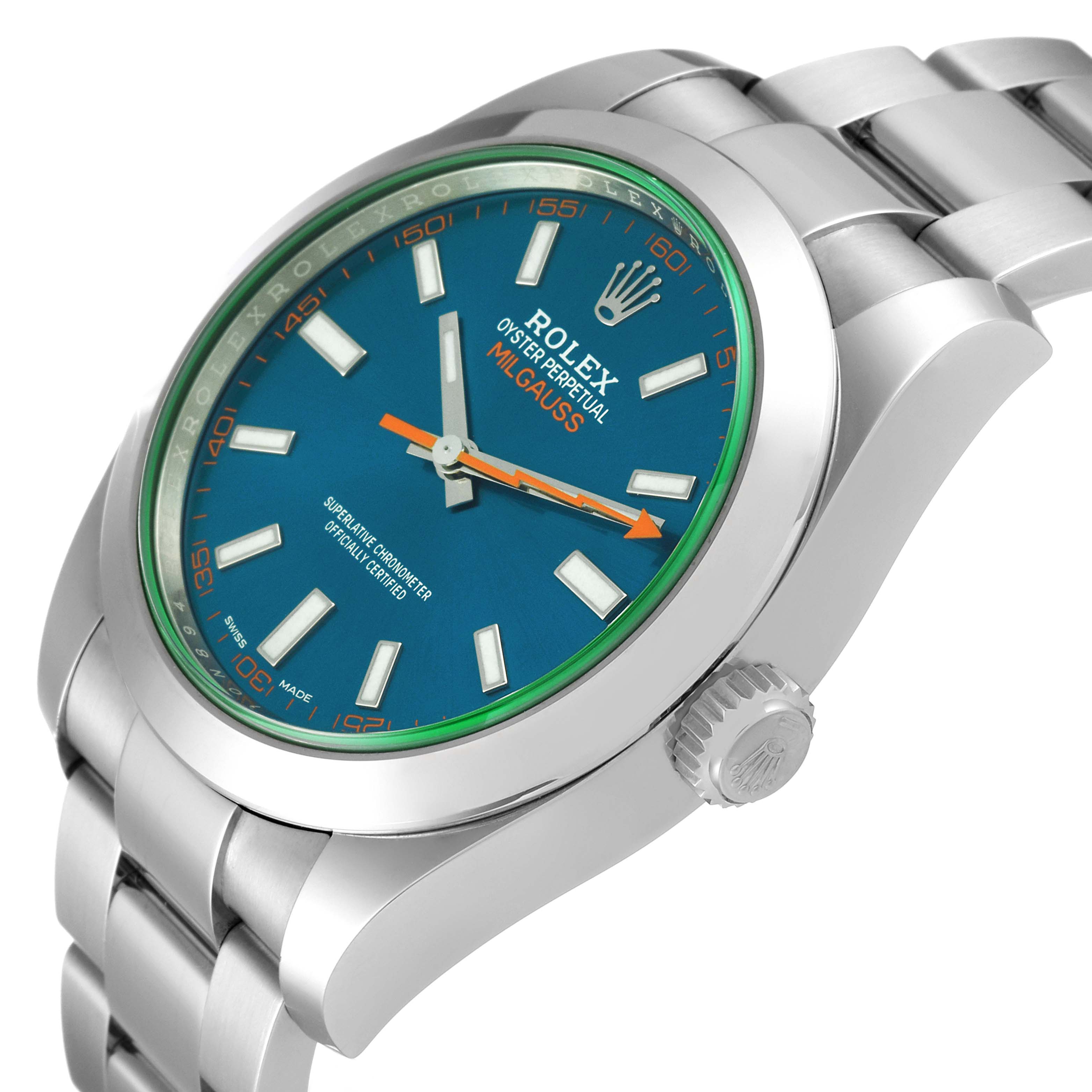 The image shows the face, case, bezel, and bracelet of a Rolex Milgauss 116400GV Men
s Stainless Steel Blue Dial 116400GV Men
s Stainless Steel Blue Dial watch at a slanted side angle.