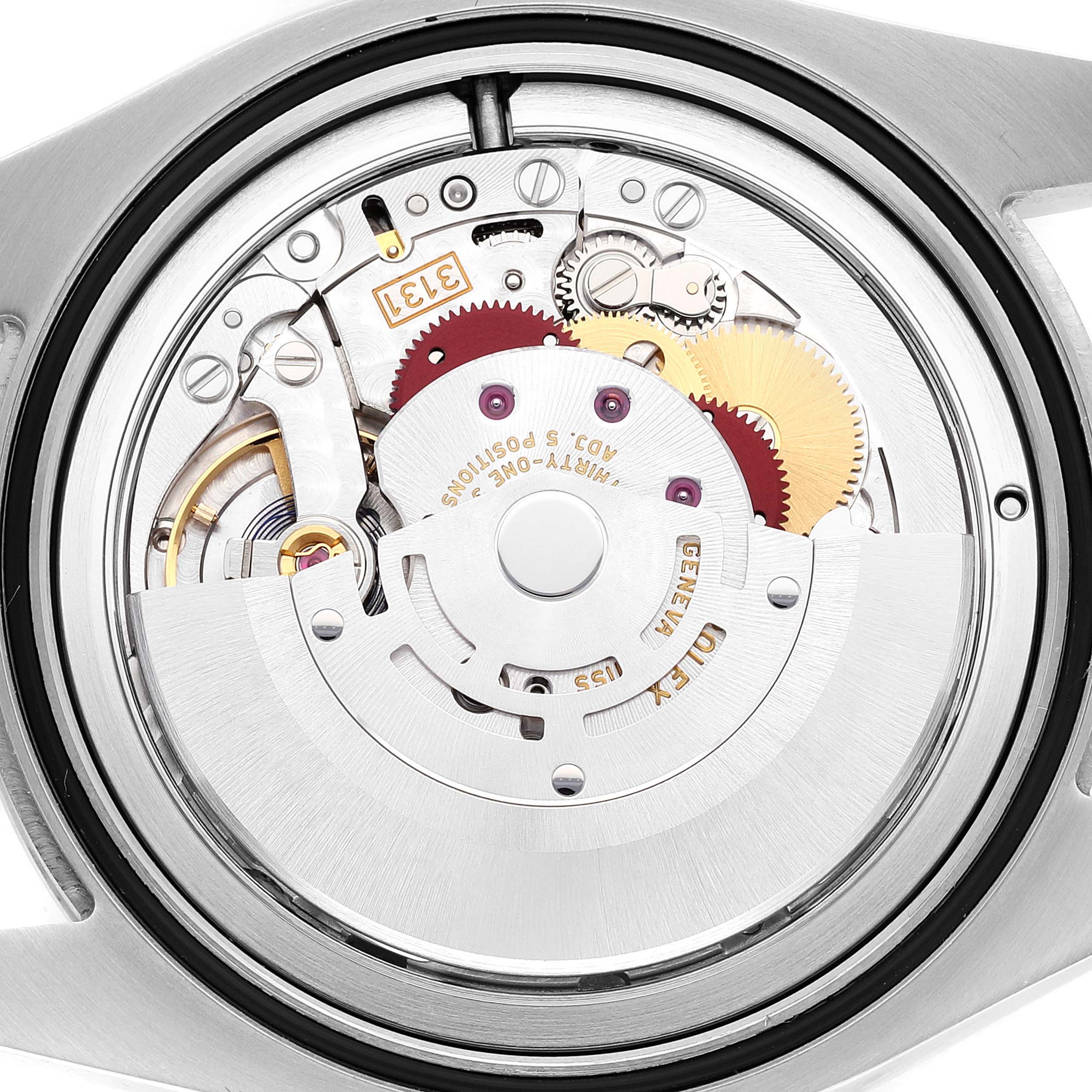 This image shows the movement mechanism of a Rolex Milgauss 116400GV Men
s Stainless Steel Blue Dial 116400GV Men
s Stainless Steel Blue Dial watch from a back angle.