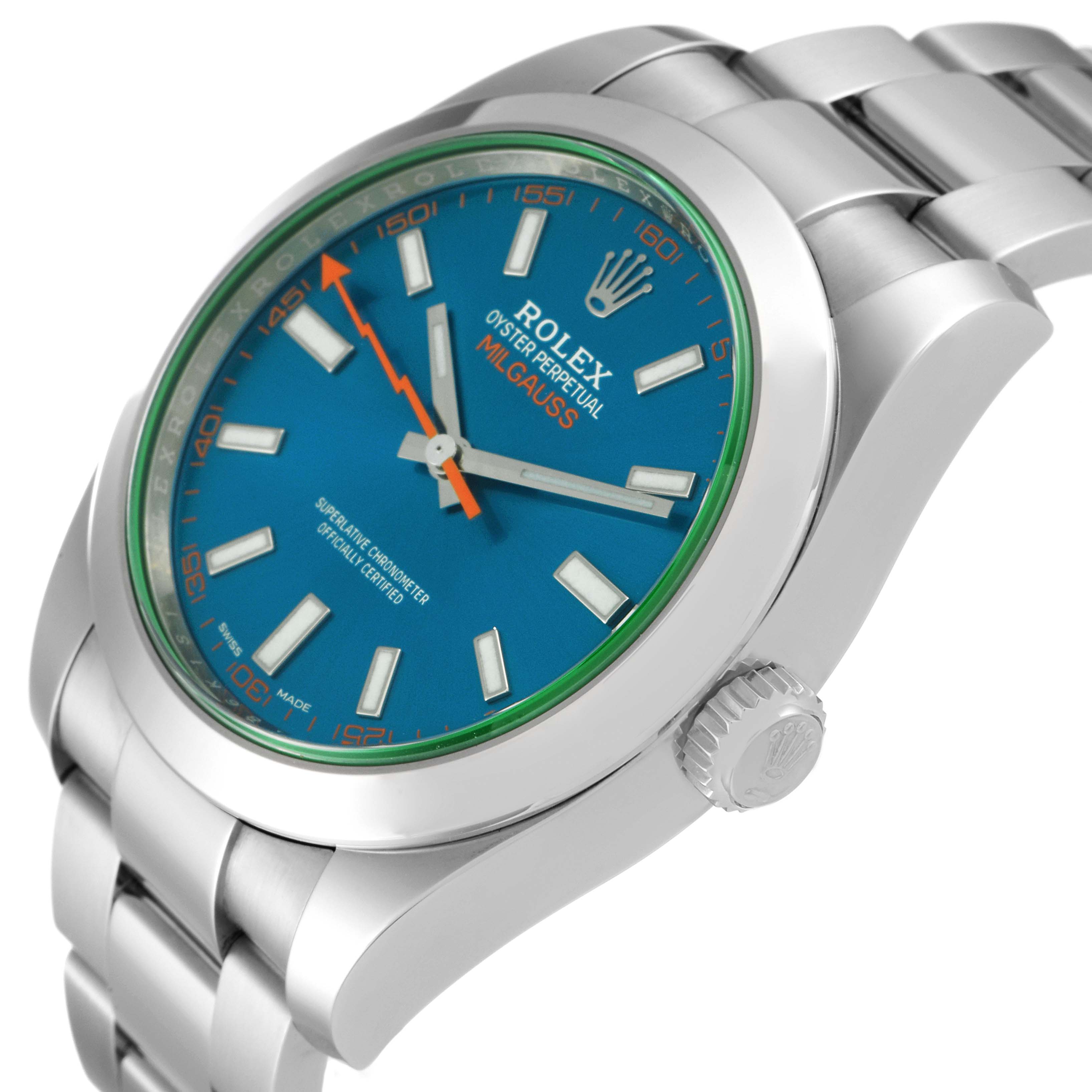 The image shows a close-up angled view of the Rolex Milgauss 116400GV Men's Stainless Steel Blue Dial 116400GV Men's Stainless Steel Blue Dial watch, highlighting its dial, bezel, crown, and bracelet.