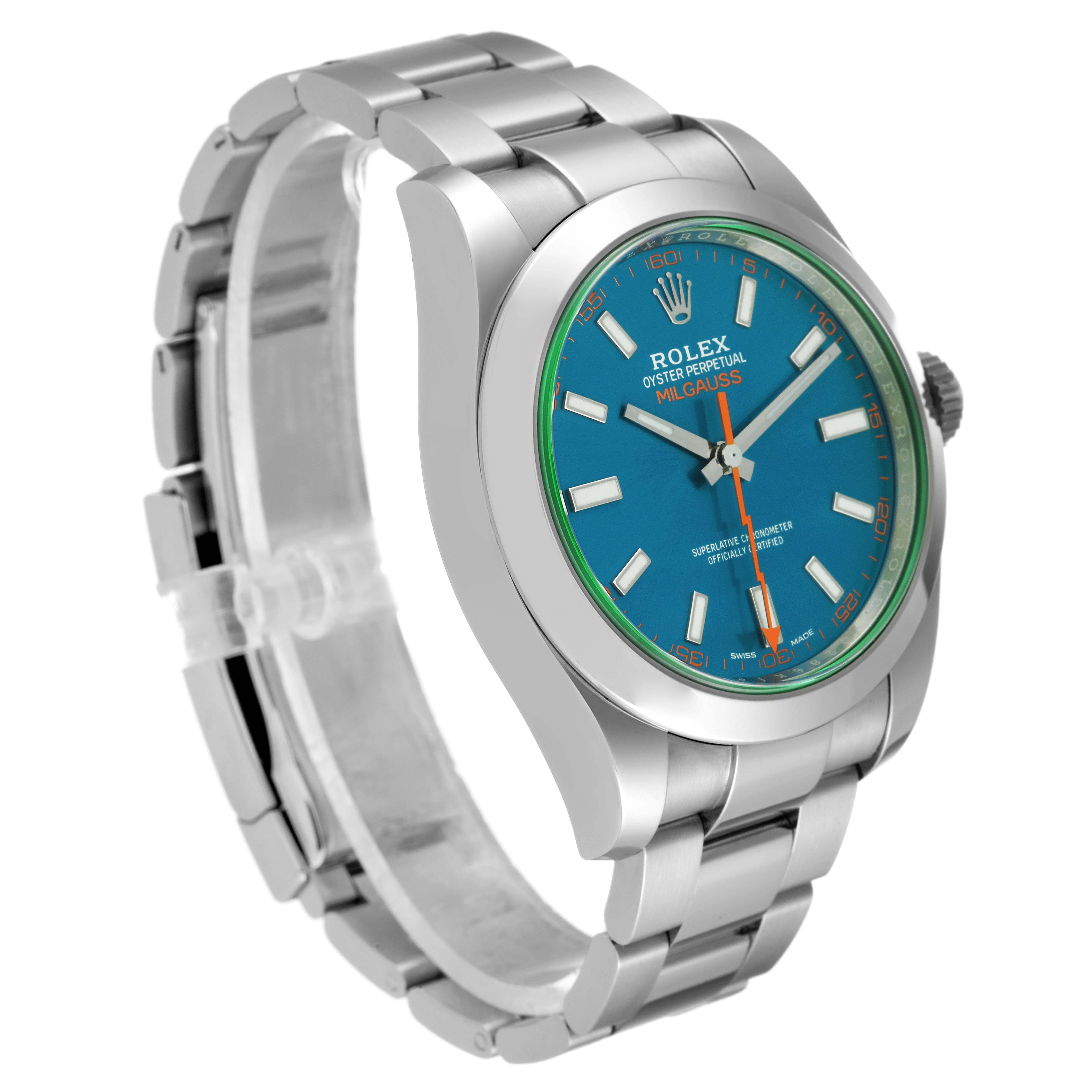 The image showcases a front side angle of a Rolex Milgauss 116400GV Men's Stainless Steel Blue Dial 116400GV Men's Stainless Steel Blue Dial watch, highlighting the dial, bezel, and part of the bracelet.
