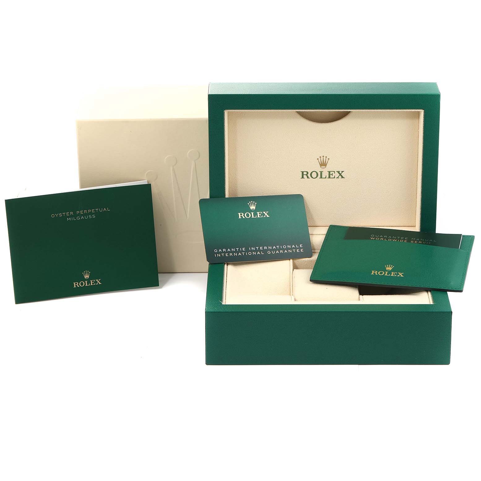 This image shows the packaging, warranty cards, and booklet for a Rolex Milgauss 116400GV Men's Stainless Steel Blue Dial 116400GV Men's Stainless Steel Blue Dial watch.