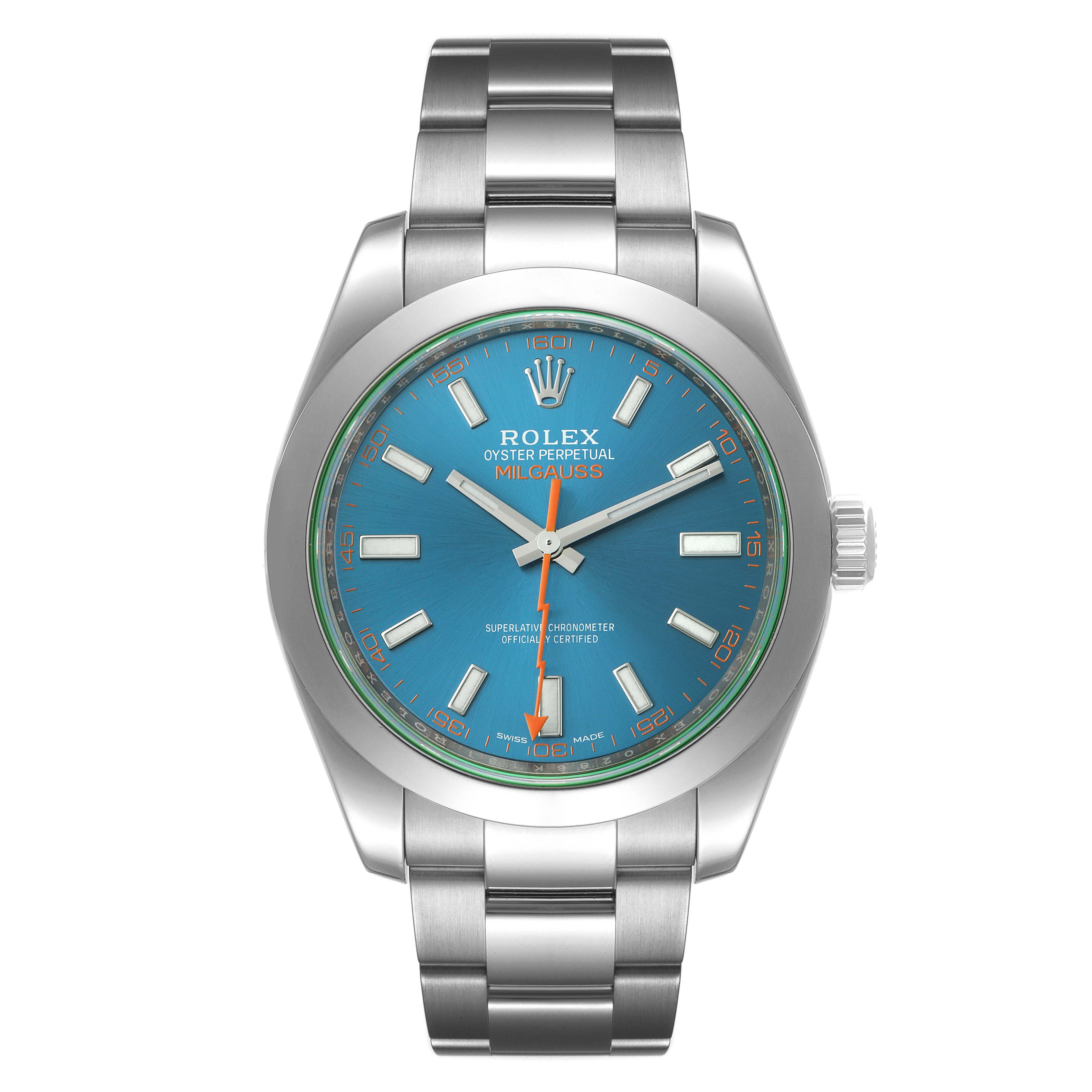 The image shows a front view of a Rolex Milgauss 116400GV Men's Stainless Steel Blue Dial 116400GV Men's Stainless Steel Blue Dial watch, highlighting its blue dial, stainless steel case, and bracelet.