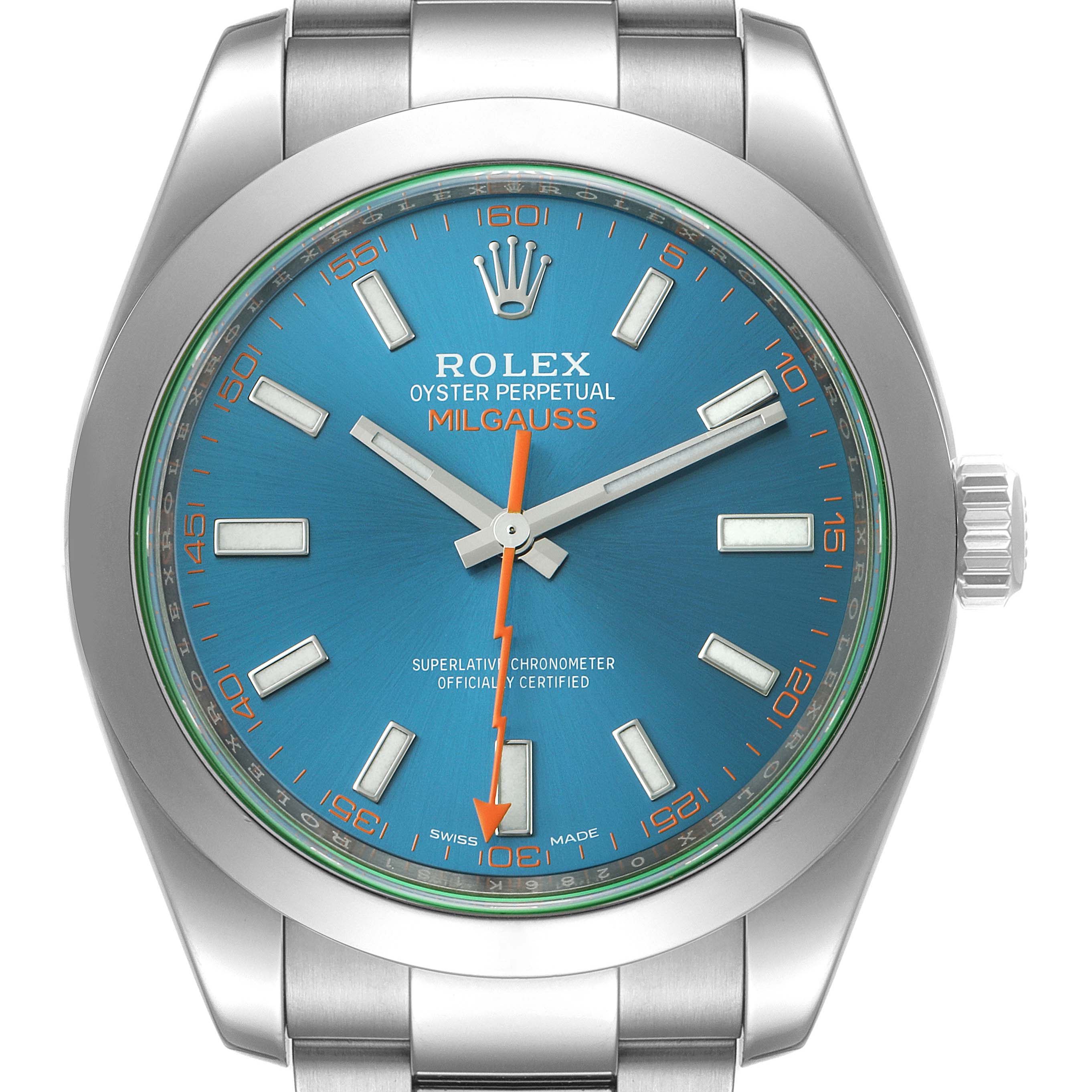 The image shows a front view of the Rolex Milgauss 116400GV Men's Stainless Steel Blue Dial 116400GV Men's Stainless Steel Blue Dial watch, highlighting its blue dial, orange lightning bolt second hand, and stainless steel bracelet.