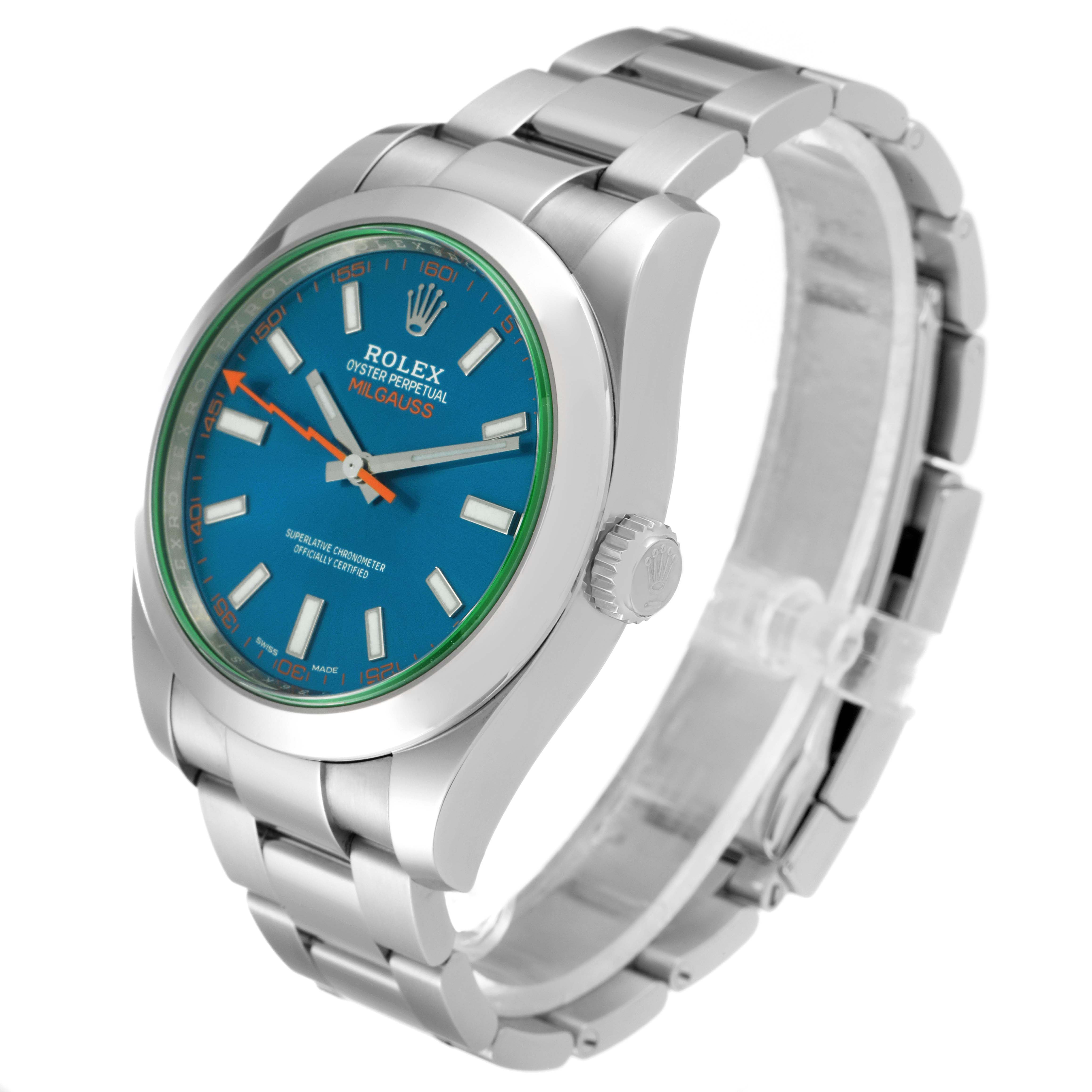 The image shows a Rolex Milgauss 116400GV Men's Stainless Steel Blue Dial 116400GV Men's Stainless Steel Blue Dial watch at a three-quarter angle featuring the face, crown, and bracelet.