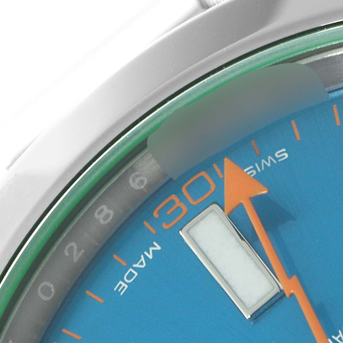 This close-up angle shows the dial and minute markers of a Rolex Milgauss 116400GV Men's Stainless Steel Blue Dial 116400GV Men's Stainless Steel Blue Dial watch.