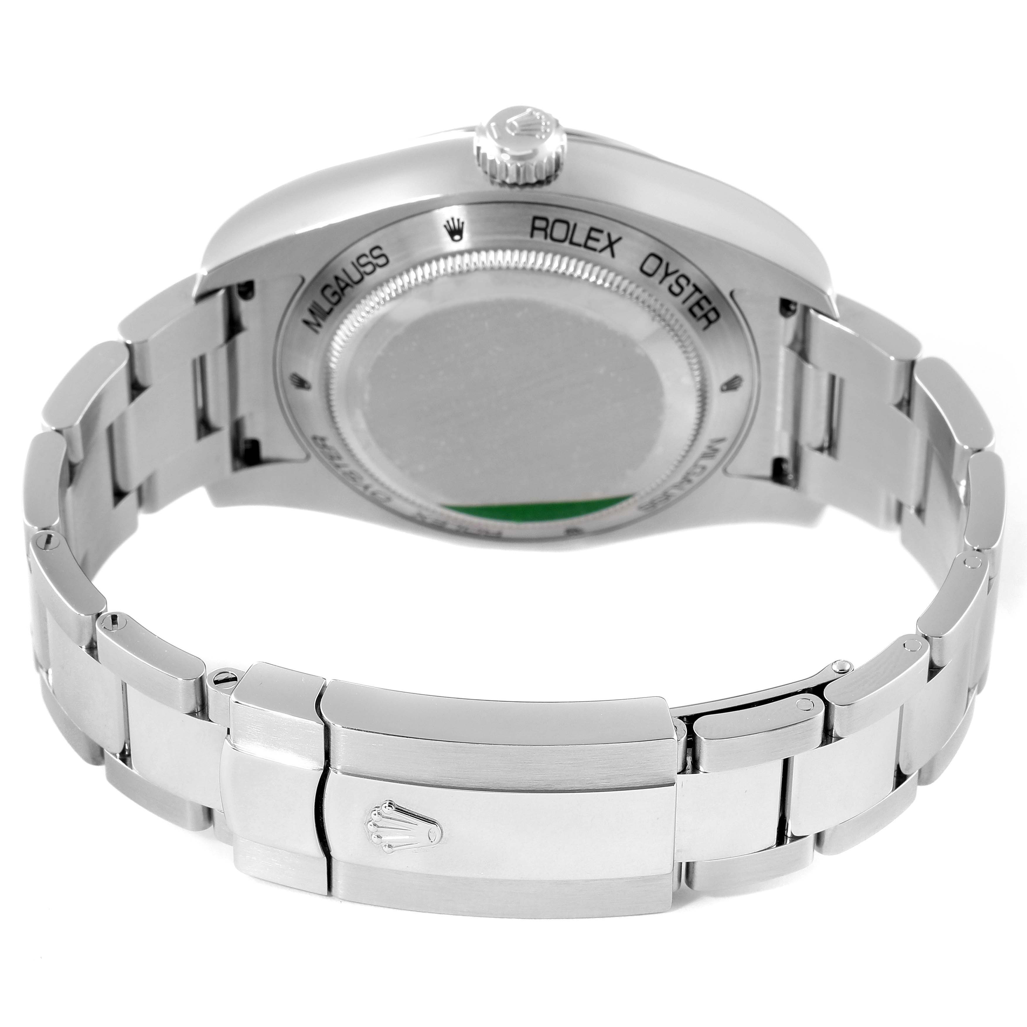 The image shows the back case and bracelet of a Rolex Milgauss 116400GV Men's Stainless Steel Blue Dial 116400GV Men's Stainless Steel Blue Dial watch from a rear angle.