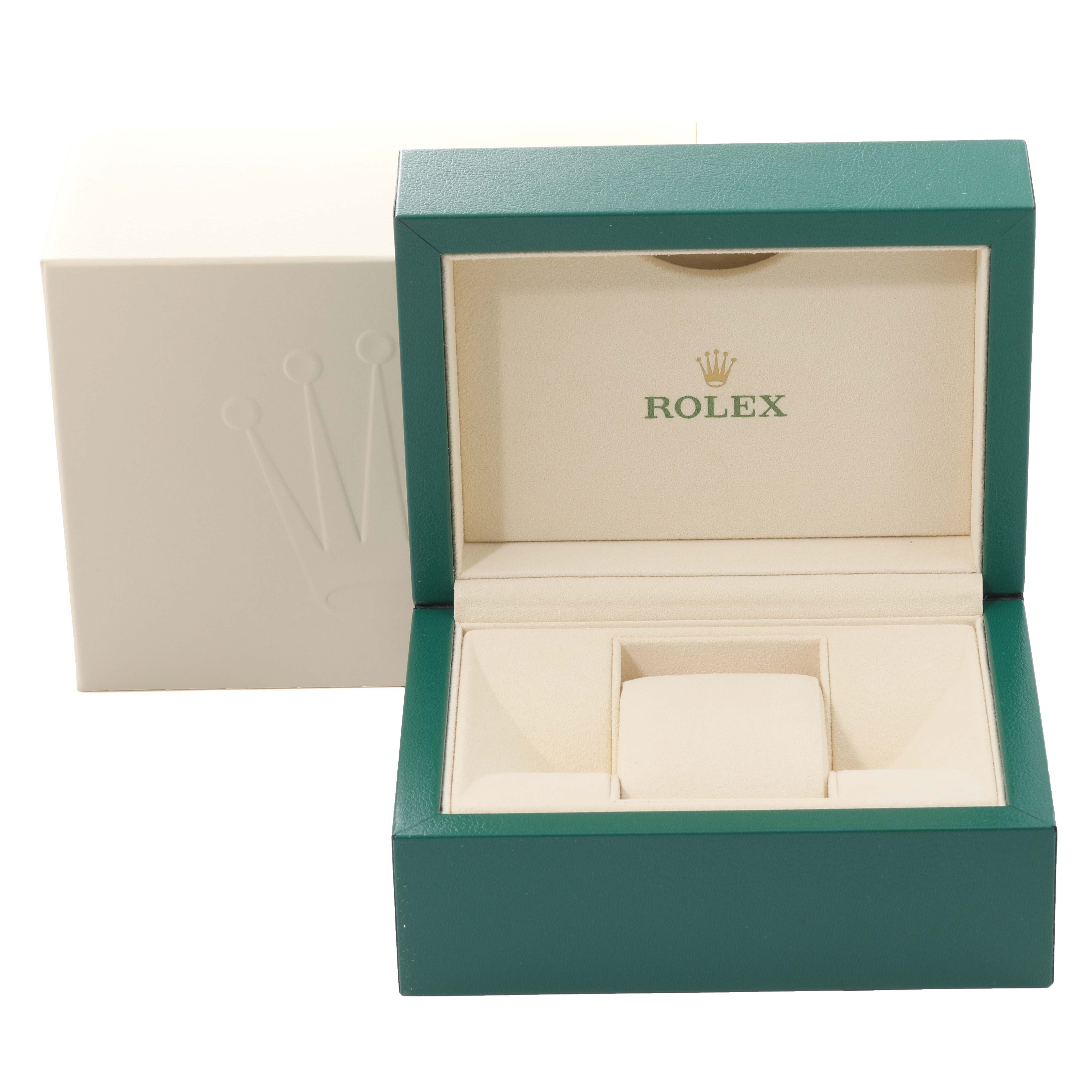 The image shows an open Rolex Milgauss 116400 Men
s Stainless Steel White Dial 116400 Men
s Stainless Steel White Dial watch box and its outer packaging, featuring the brand logo inside.