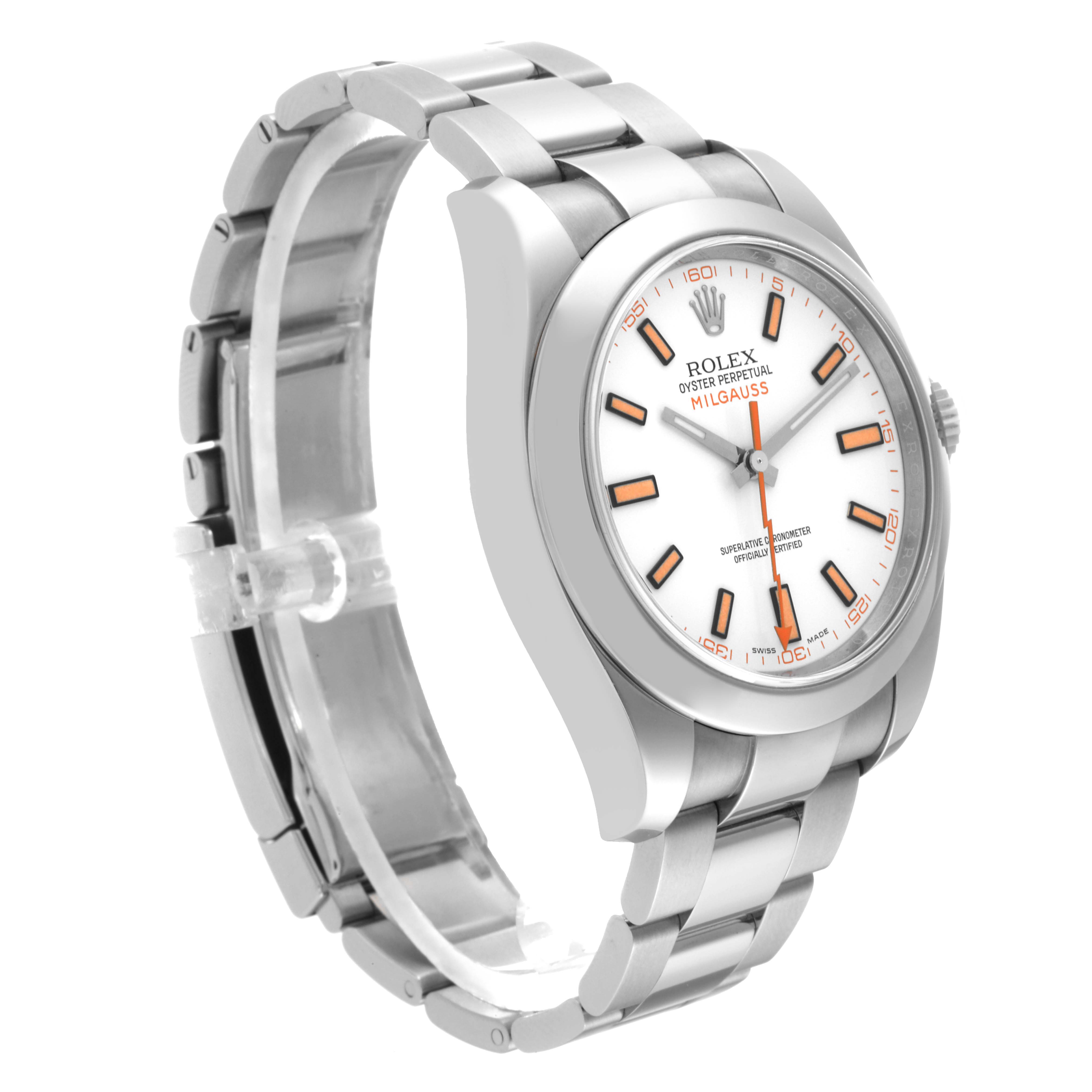 The Rolex Milgauss 116400 Men
s Stainless Steel White Dial 116400 Men
s Stainless Steel White Dial watch is shown at a three-quarter angle, displaying its face, bracelet, and side profile.