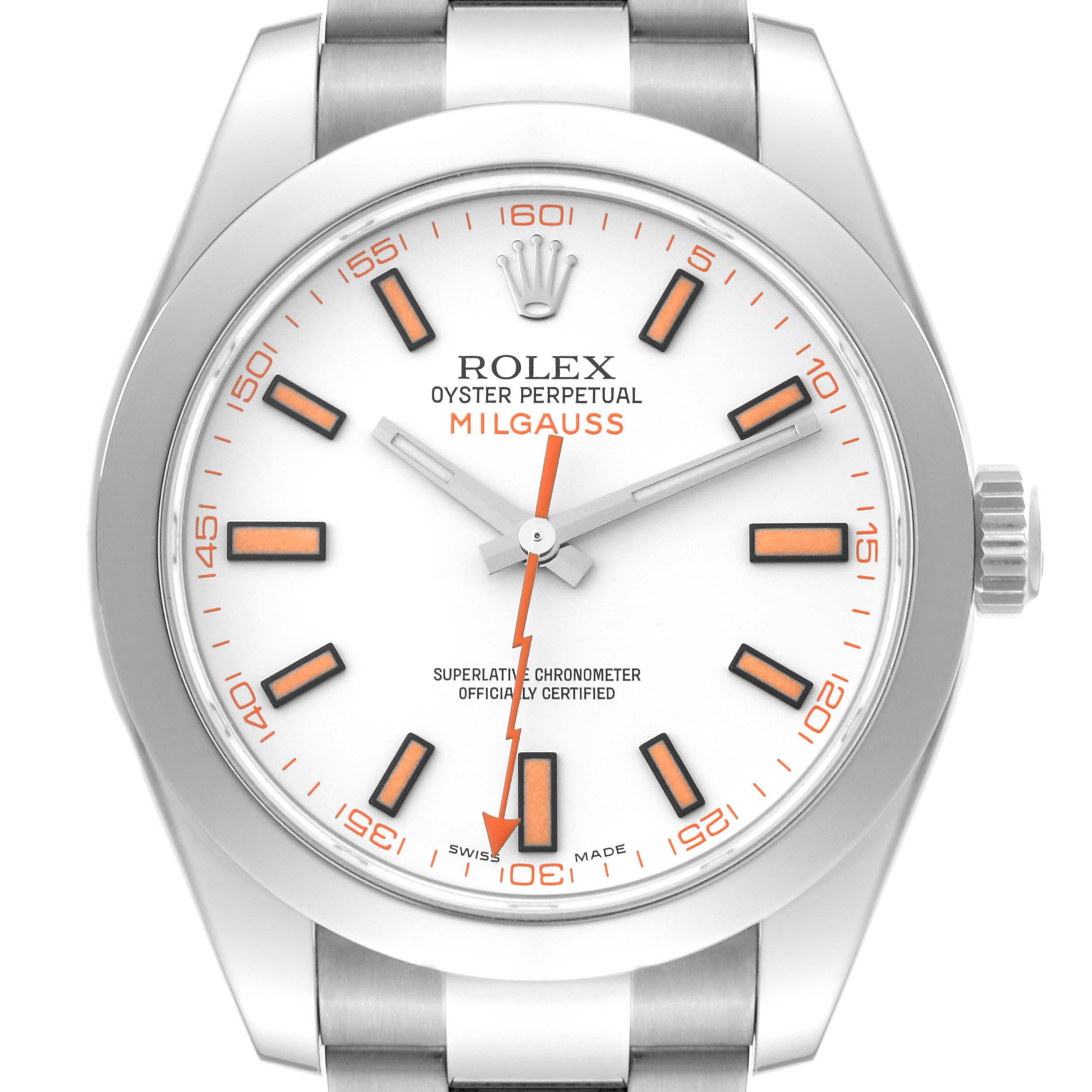 This image shows a front view of the Rolex Milgauss 116400 Men
s Stainless Steel White Dial 116400 Men
s Stainless Steel White Dial watch, highlighting its dial, hands, and part of the bracelet.
