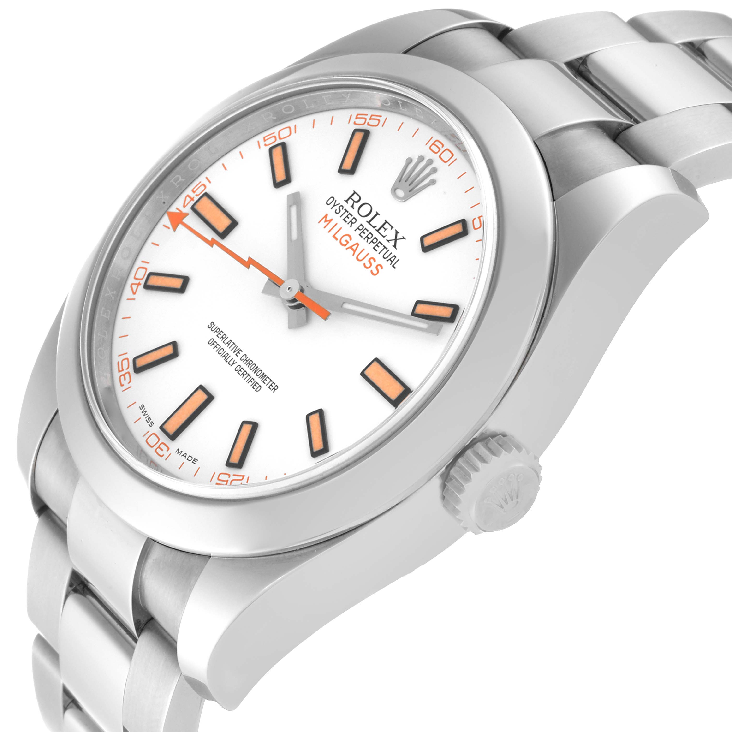 This image shows the Rolex Milgauss 116400 Men
s Stainless Steel White Dial 116400 Men
s Stainless Steel White Dial watch from a side angle, showcasing its dial, crown, and part of its bracelet.