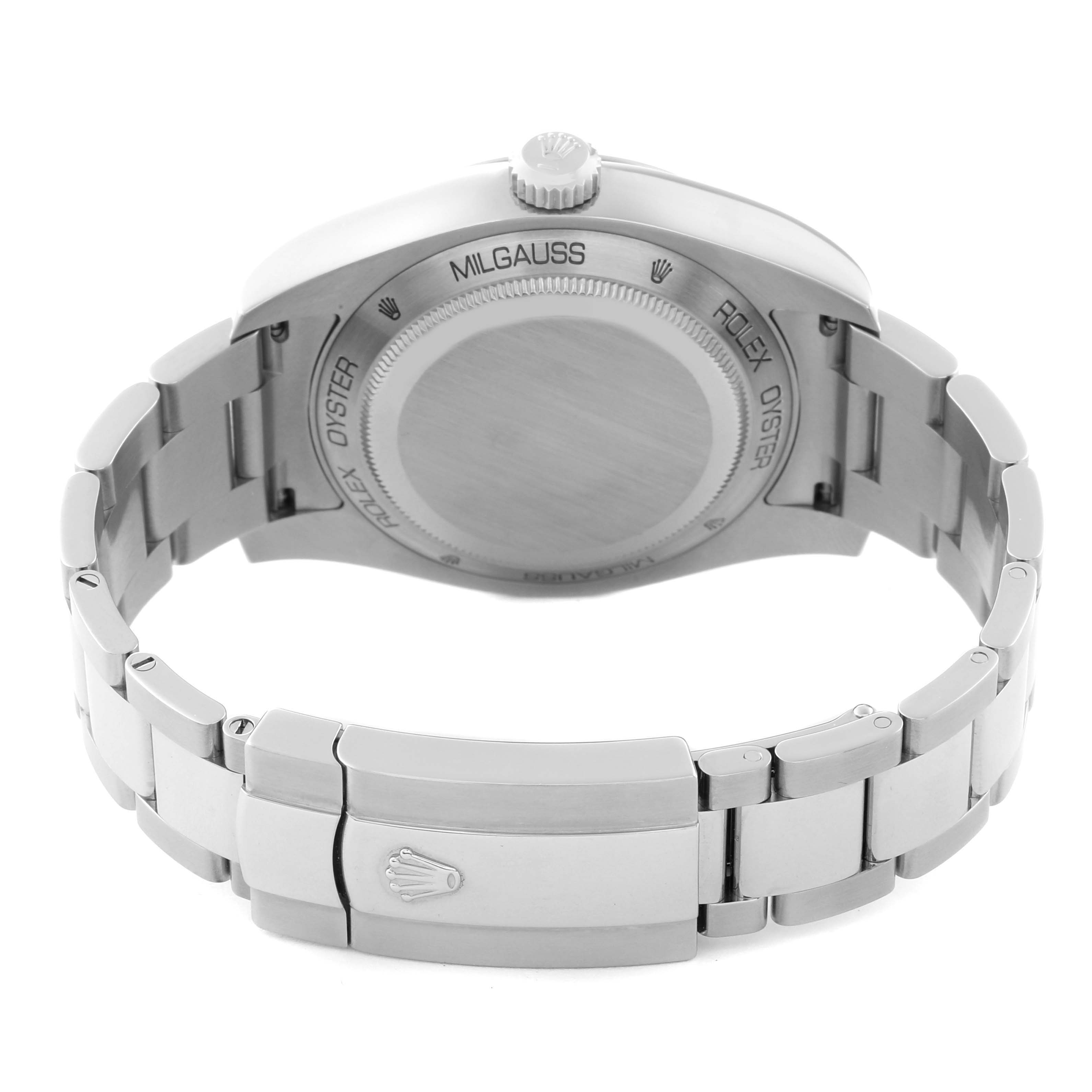 This image shows the back and bracelet clasp of a Rolex Milgauss 116400 Men
s Stainless Steel White Dial 116400 Men
s Stainless Steel White Dial watch, viewed from a slightly angled perspective.