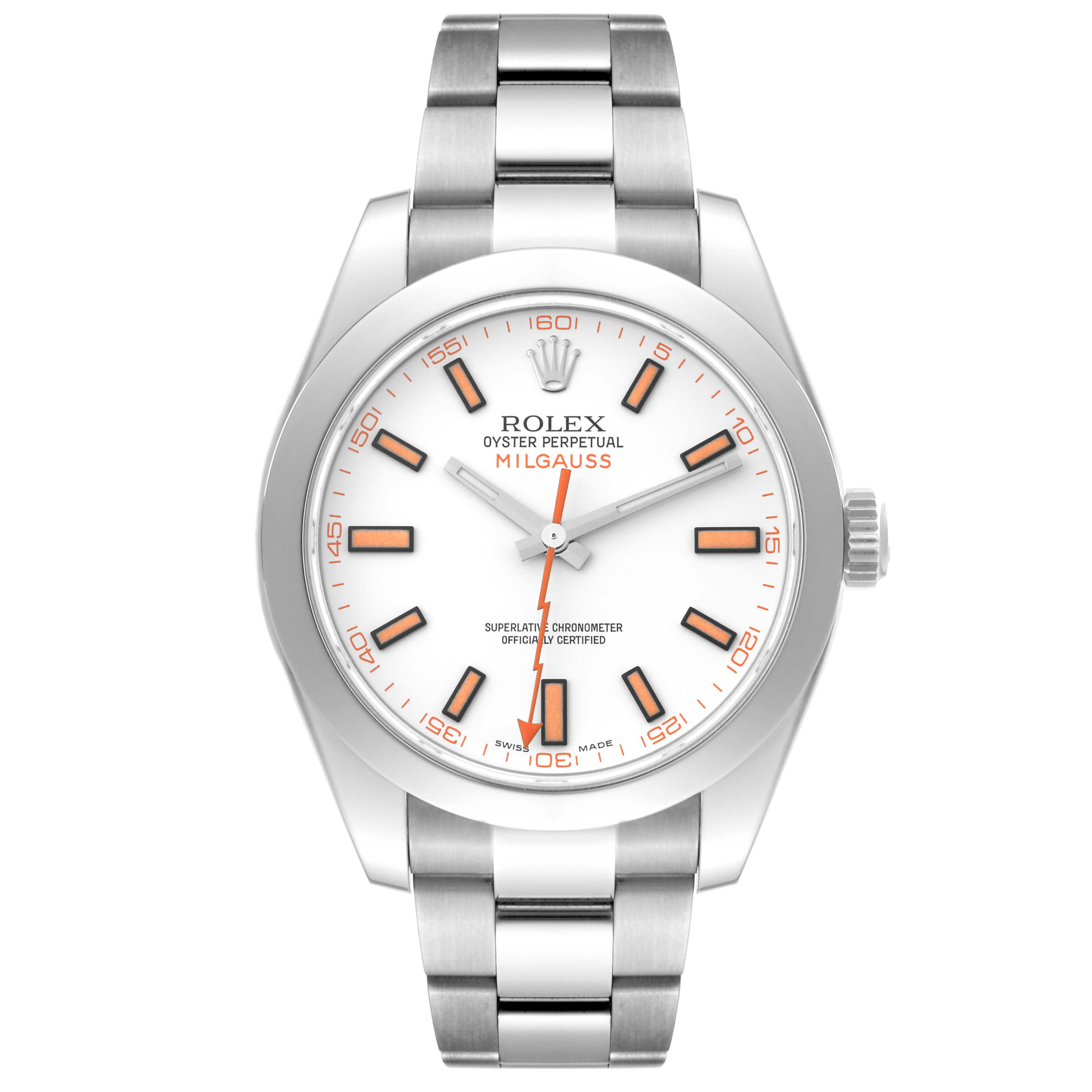 The image shows a front view of a Rolex Milgauss 116400 Men
s Stainless Steel White Dial 116400 Men
s Stainless Steel White Dial watch, displaying its dial, markers, hands, and metal bracelet.