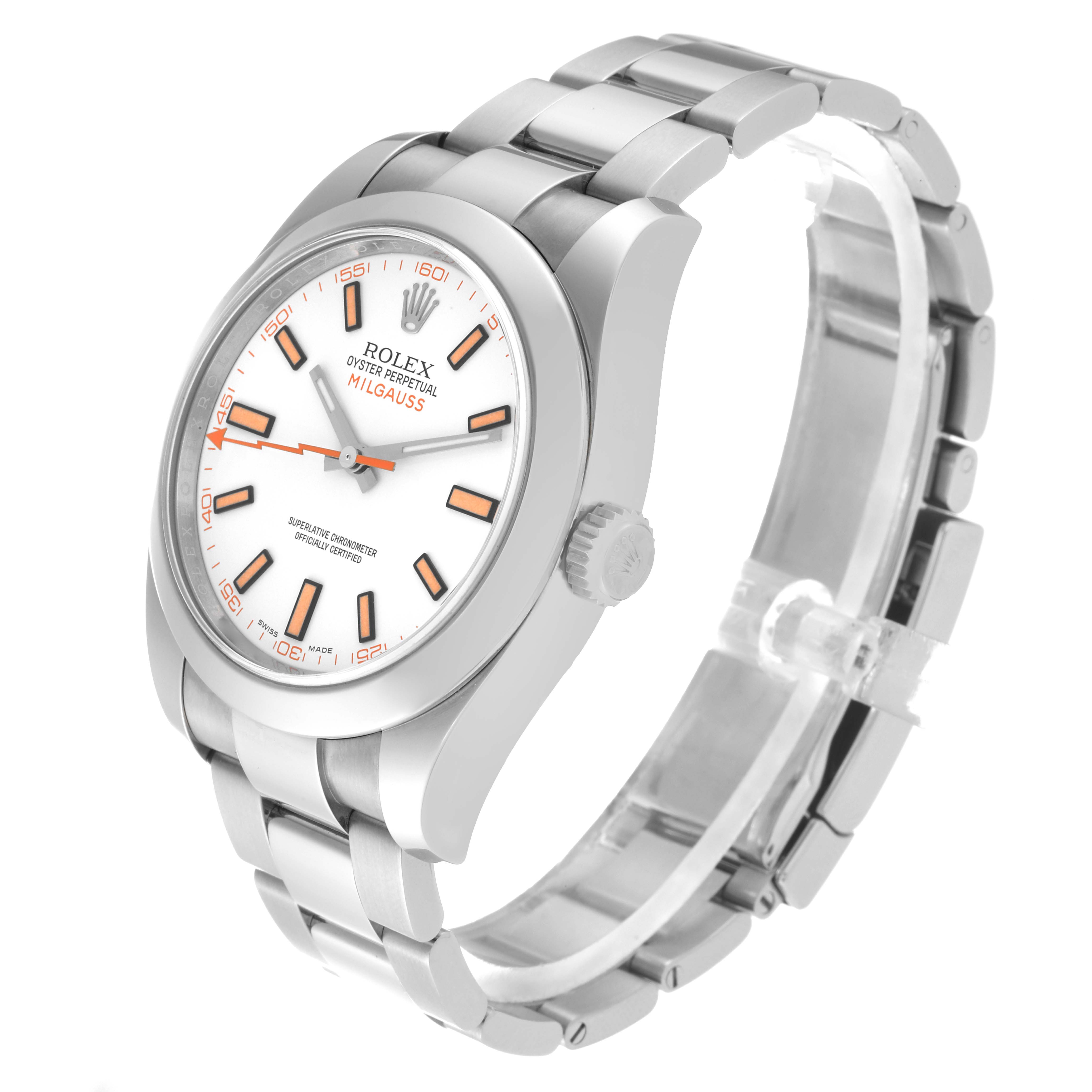 The Rolex Milgauss 116400 Men
s Stainless Steel White Dial 116400 Men
s Stainless Steel White Dial watch is shown from a three-quarter angle, highlighting the face, bezel, crown, and bracelet.
