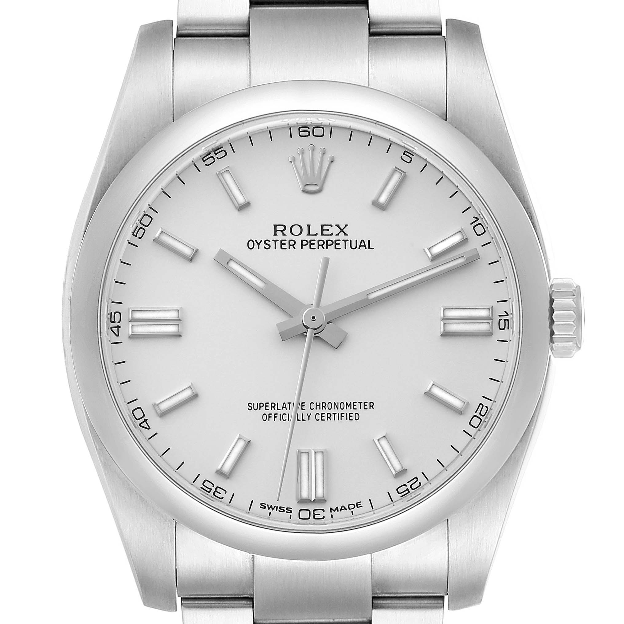 This image shows a front view of a Rolex Oyster Perpetual 62899 Men's Stainless Steel Silver Dial 62899 Men's Stainless Steel Silver Dial watch, displaying its dial, hands, and bracelet.