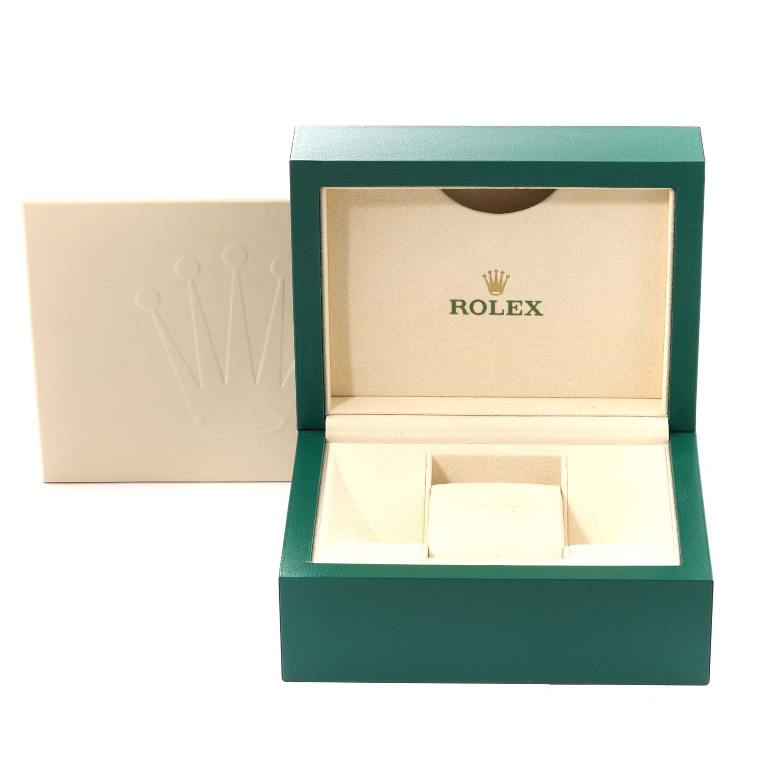 The image shows an empty Rolex Oyster Perpetual 62899 Men's Stainless Steel Silver Dial 62899 Men's Stainless Steel Silver Dial watch box, opened to display its interior and the Rolex logo.