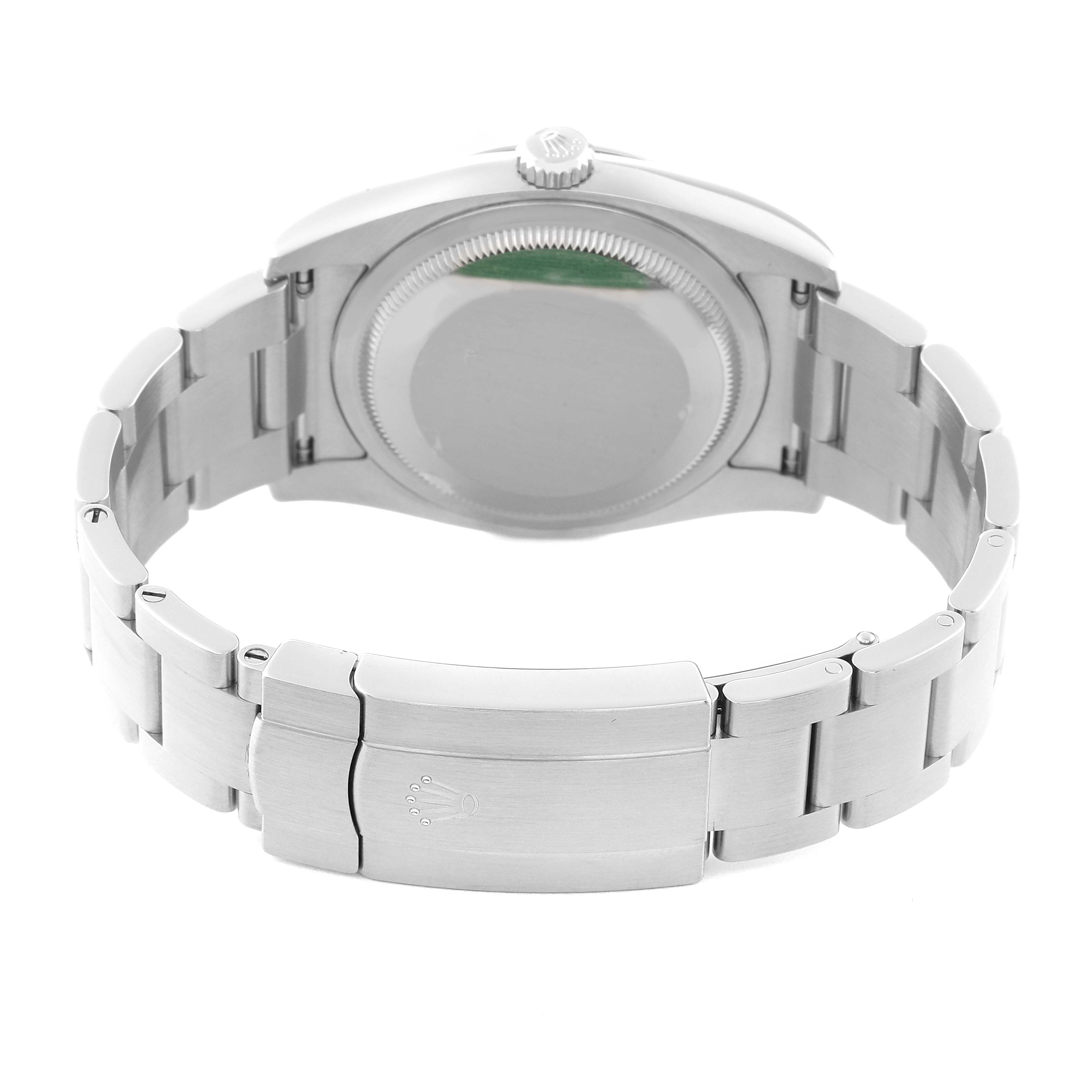 The image shows the back view of the Rolex Oyster Perpetual 62899 Men's Stainless Steel Silver Dial 62899 Men's Stainless Steel Silver Dial watch, focusing on the bracelet and closed clasp.
