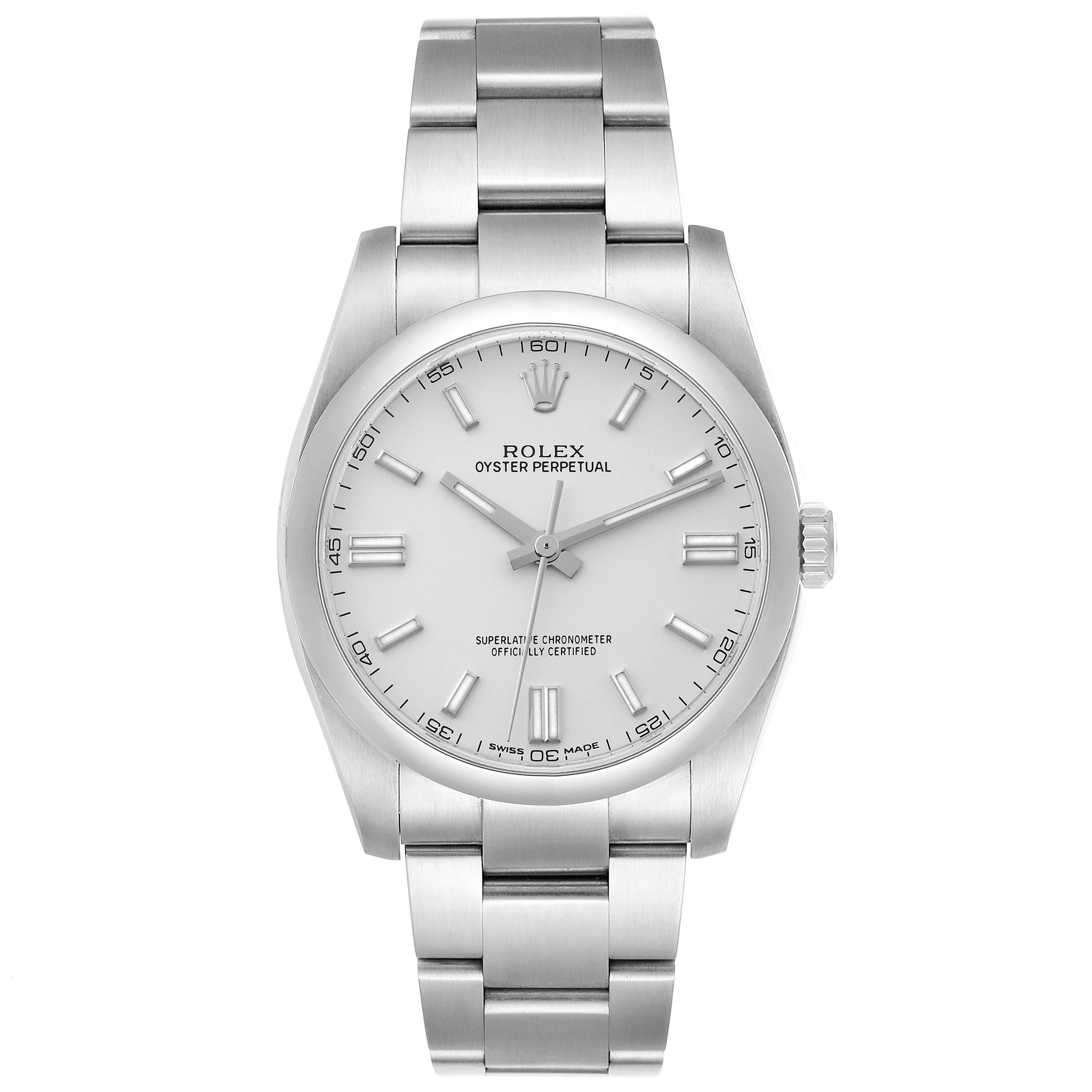 This image shows the front view of a Rolex Oyster Perpetual 62899 Men's Stainless Steel Silver Dial 62899 Men's Stainless Steel Silver Dial watch, displaying the watch face, hour markers, hands, and bracelet.