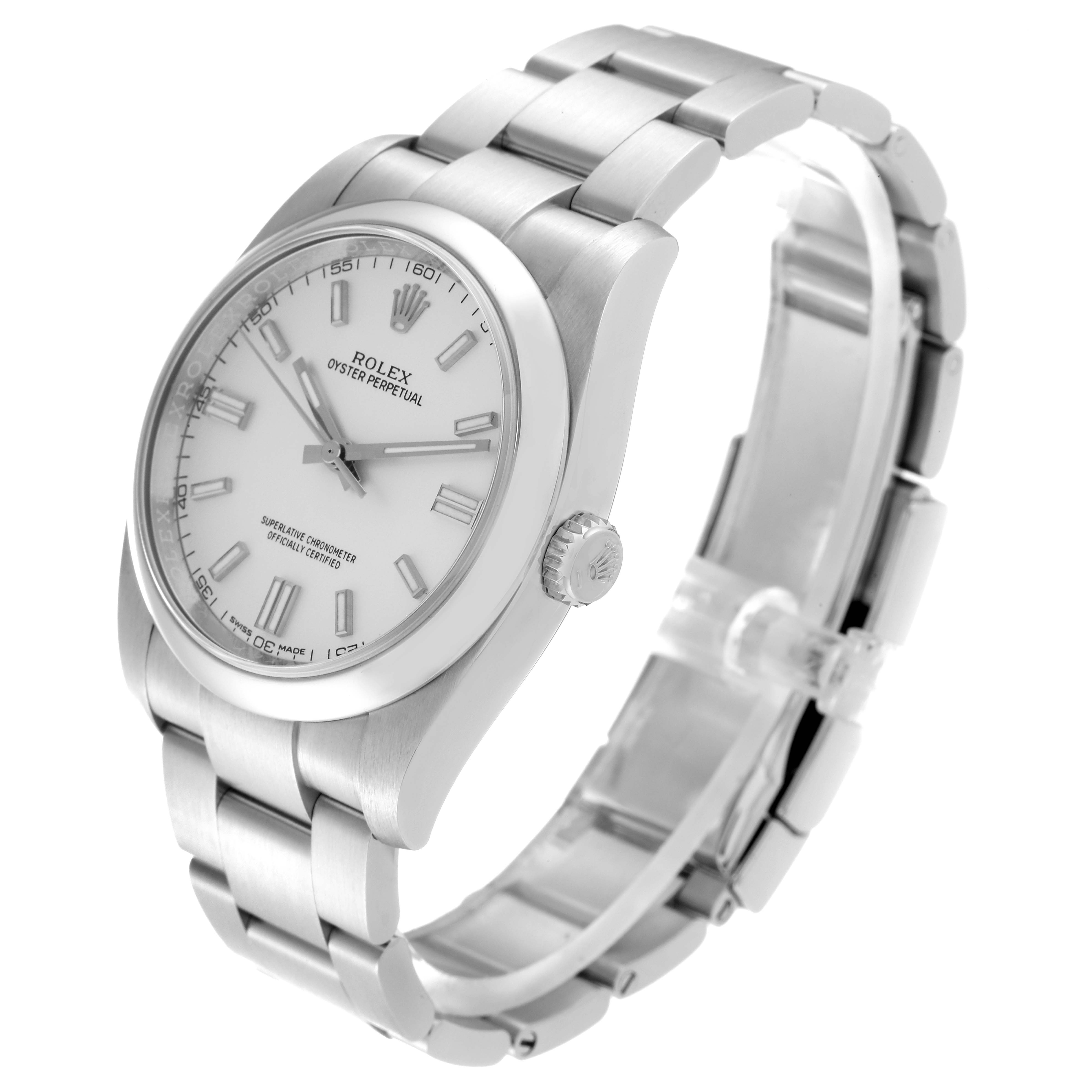 The Rolex Oyster Perpetual 62899 Men's Stainless Steel Silver Dial 62899 Men's Stainless Steel Silver Dial watch is shown at a slight angle, displaying the face, crown, and part of the bracelet.