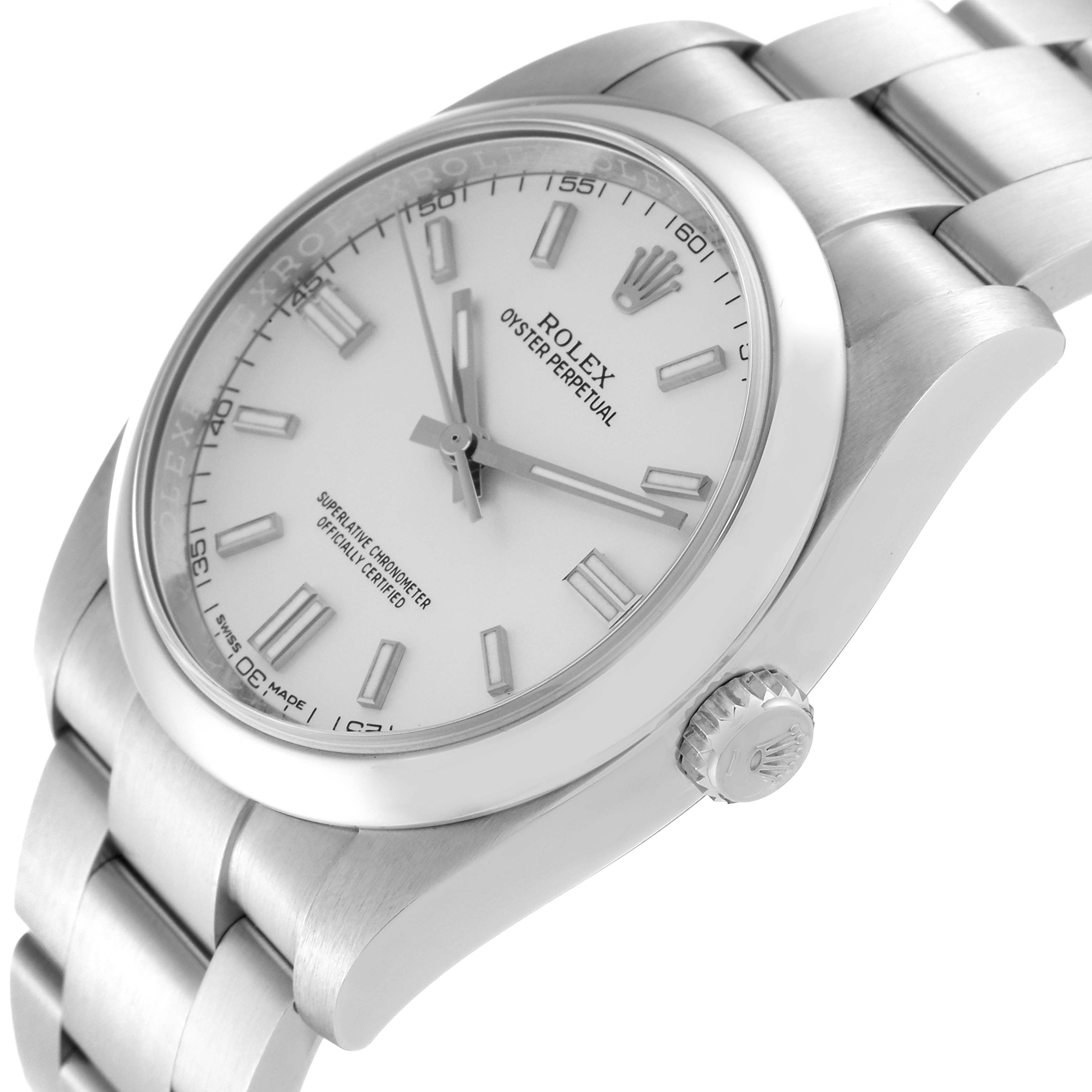 This image depicts a Rolex Oyster Perpetual 62899 Men's Stainless Steel Silver Dial 62899 Men's Stainless Steel Silver Dial watch from a top-side angle, highlighting the dial, bezel, crown, and bracelet.