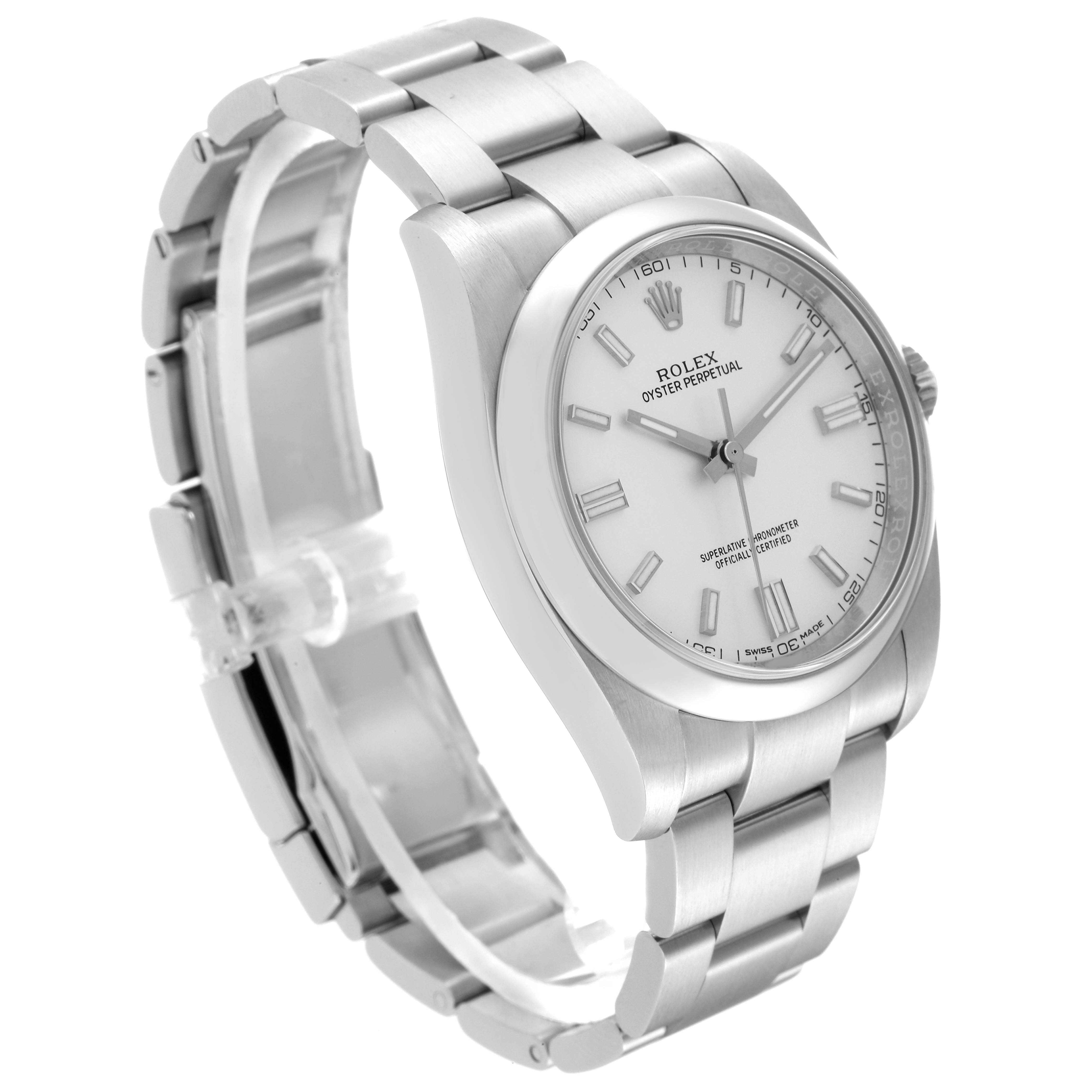 This image shows a side and front angle of the Rolex Oyster Perpetual 62899 Men's Stainless Steel Silver Dial 62899 Men's Stainless Steel Silver Dial watch, highlighting its white dial and stainless steel bracelet.