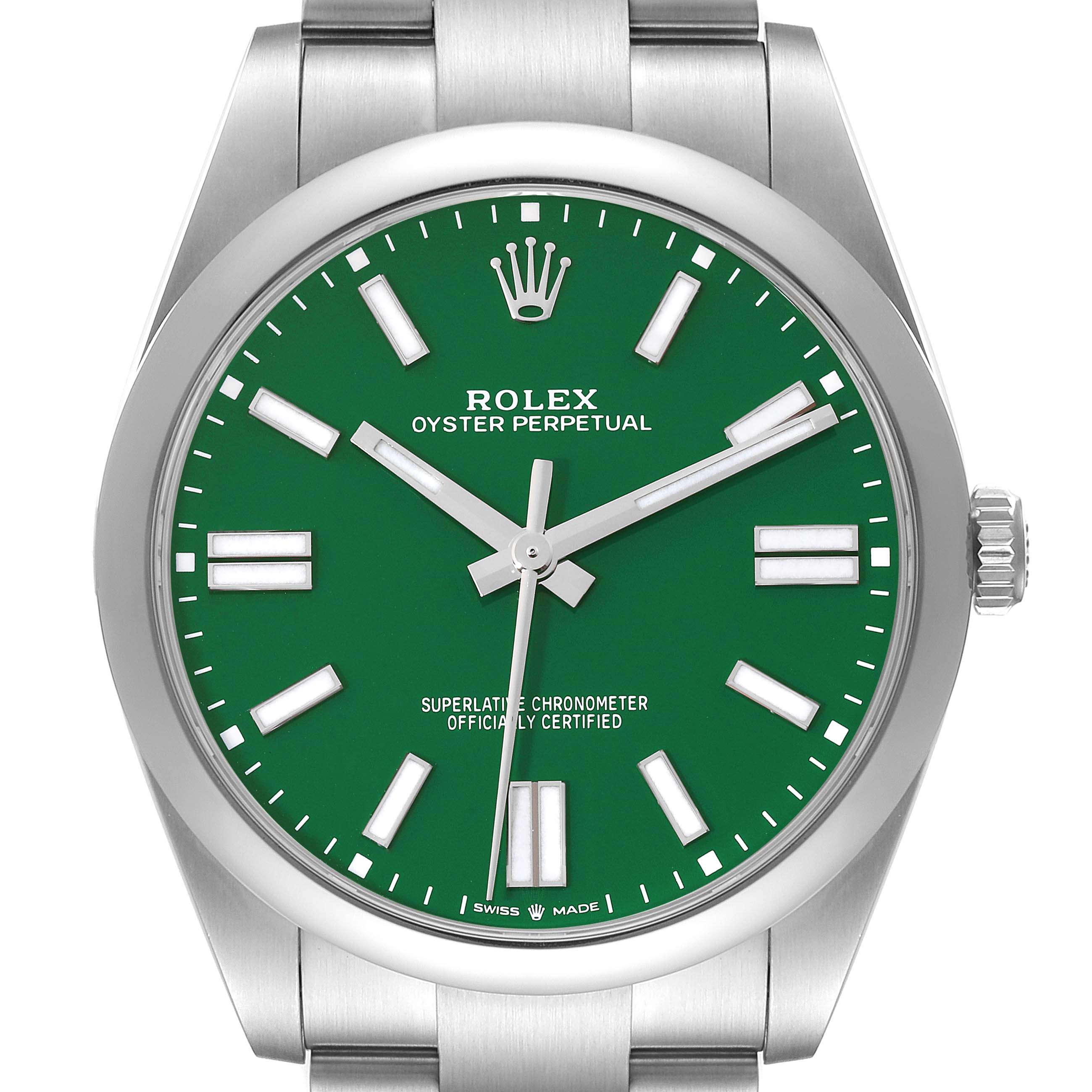 The Rolex Oyster Perpetual 124300 Men's Stainless Steel Green Dial 124300 Men's Stainless Steel Green Dial watch is shown from a straight-on angle, displaying its green dial, hands, crown, and part of its bracelet.